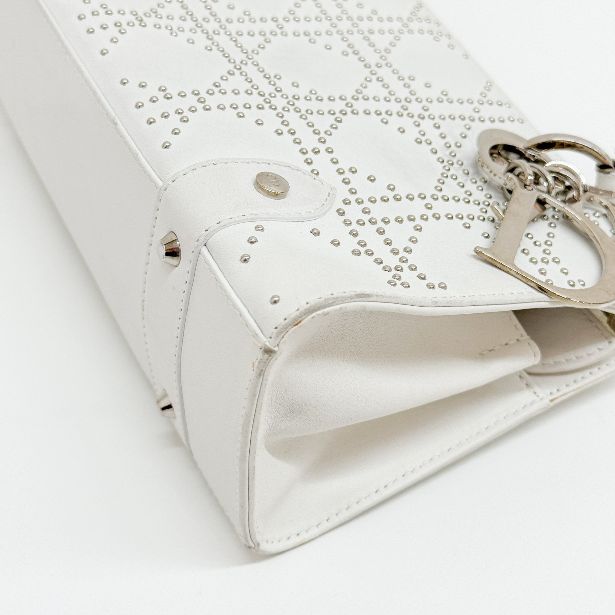 Limited Edition Lady Dior East West Studded White Leather Hand Bag