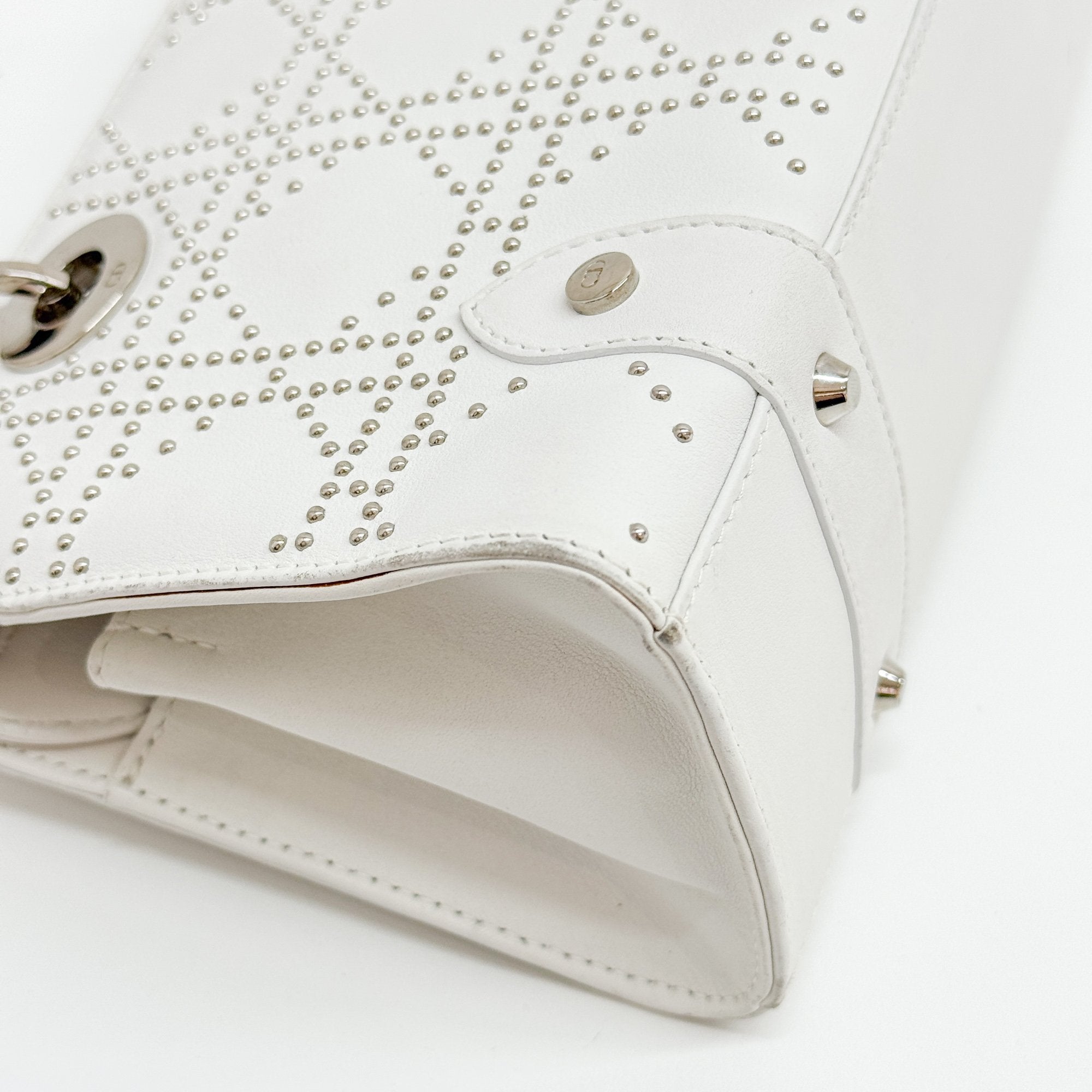 Limited Edition Lady Dior East West Studded White Leather Hand Bag