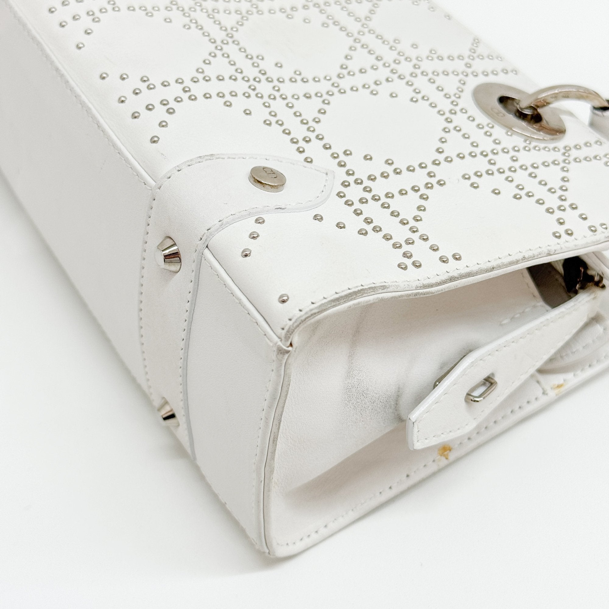 Limited Edition Lady Dior East West Studded White Leather Hand Bag