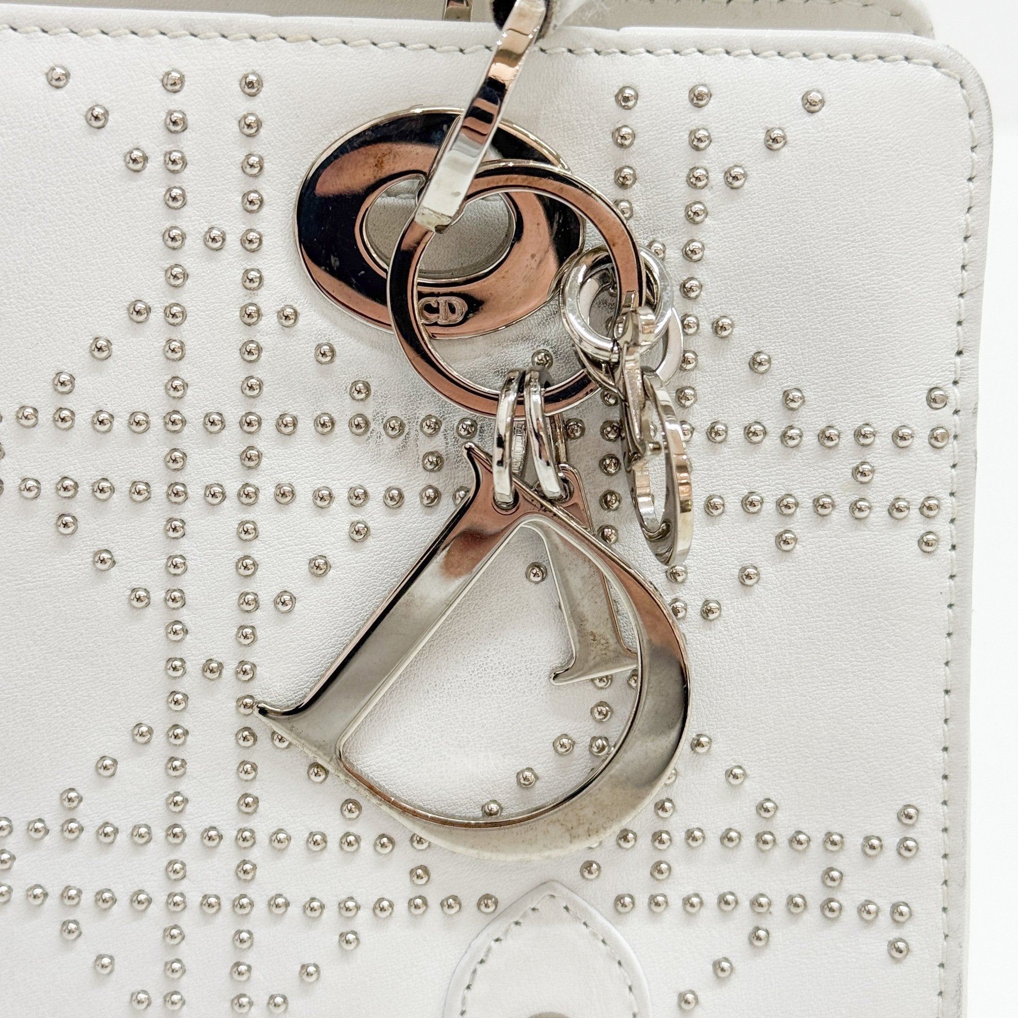 Limited Edition Lady Dior East West Studded White Leather Hand Bag