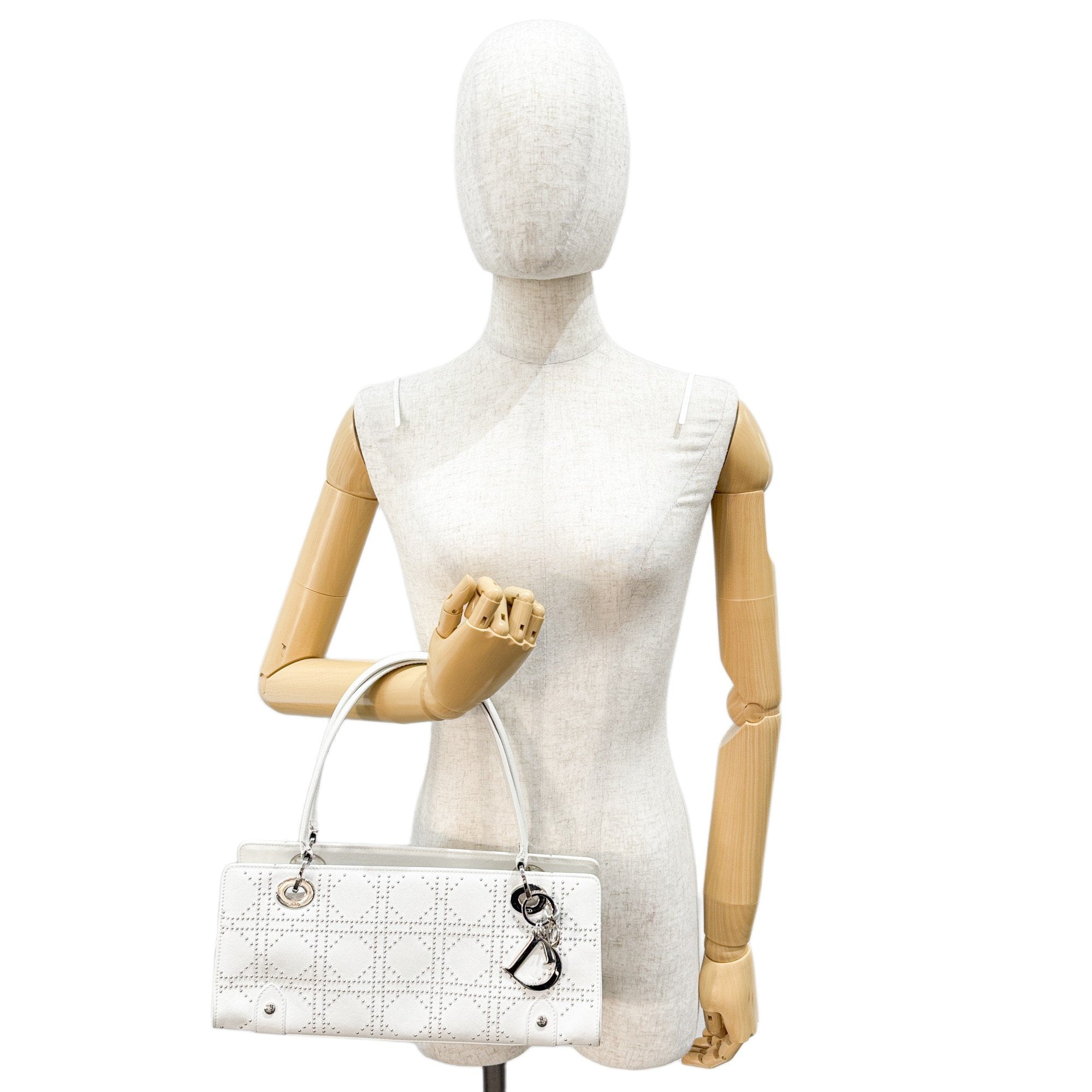 Limited Edition Lady Dior East West Studded White Leather Hand Bag