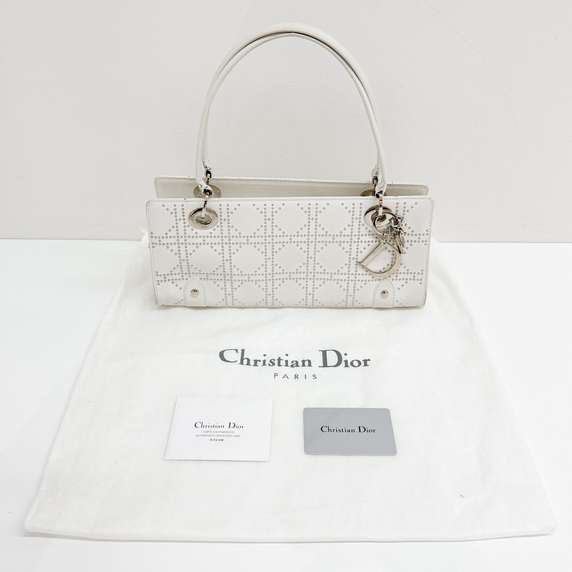 Limited Edition Lady Dior East West Studded White Leather Hand Bag