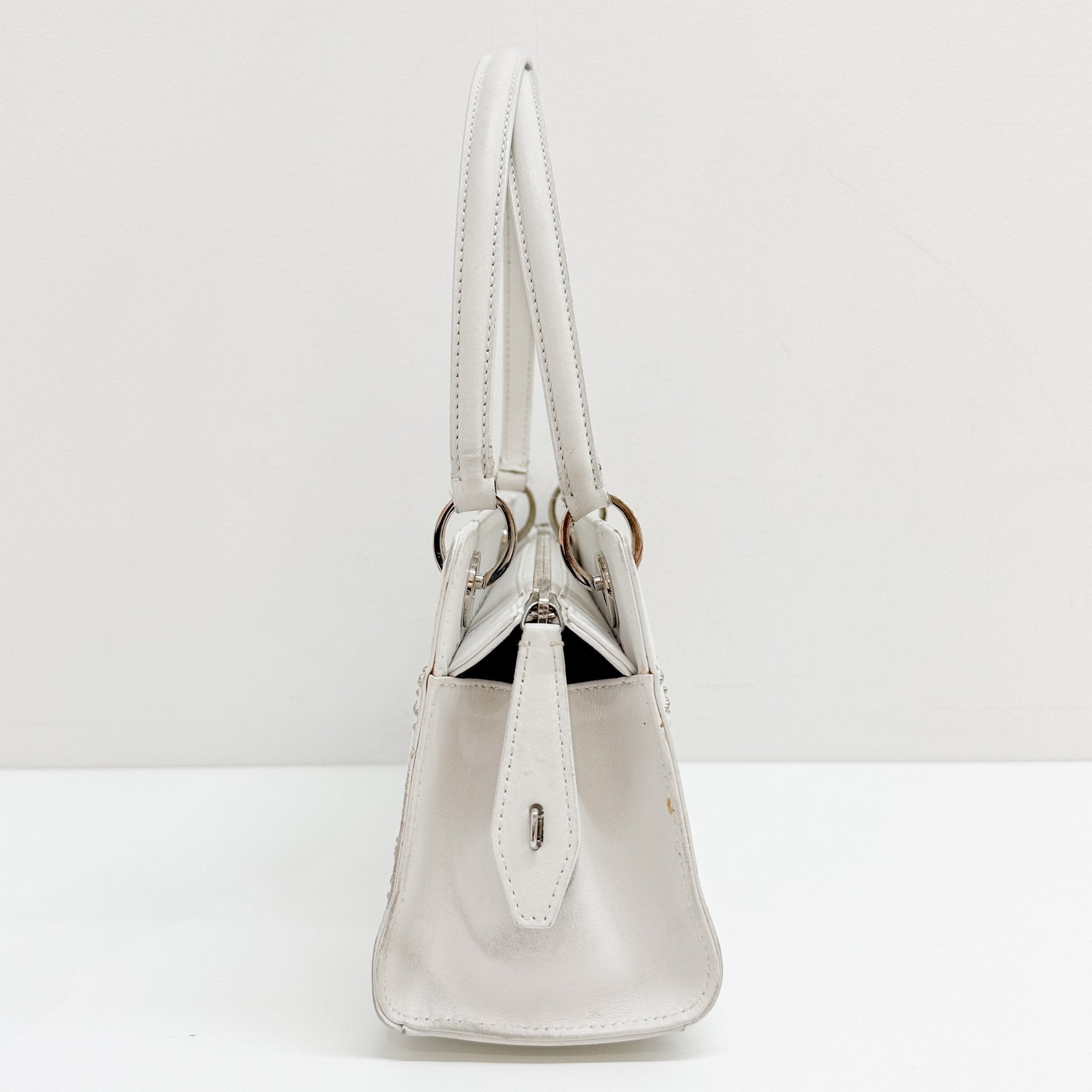 Limited Edition Lady Dior East West Studded White Leather Hand Bag