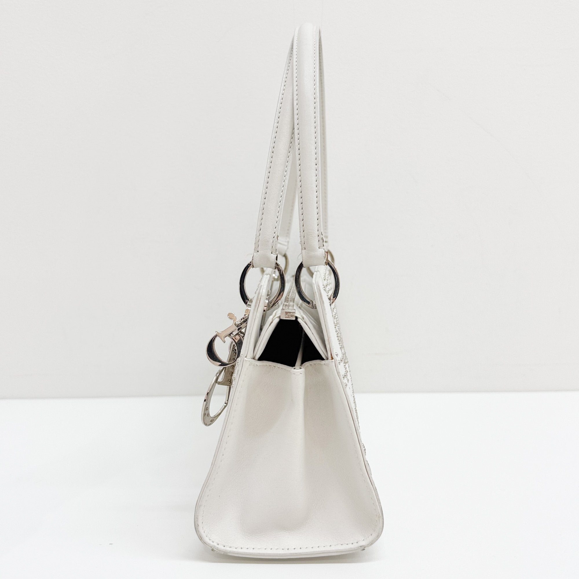 Limited Edition Lady Dior East West Studded White Leather Hand Bag