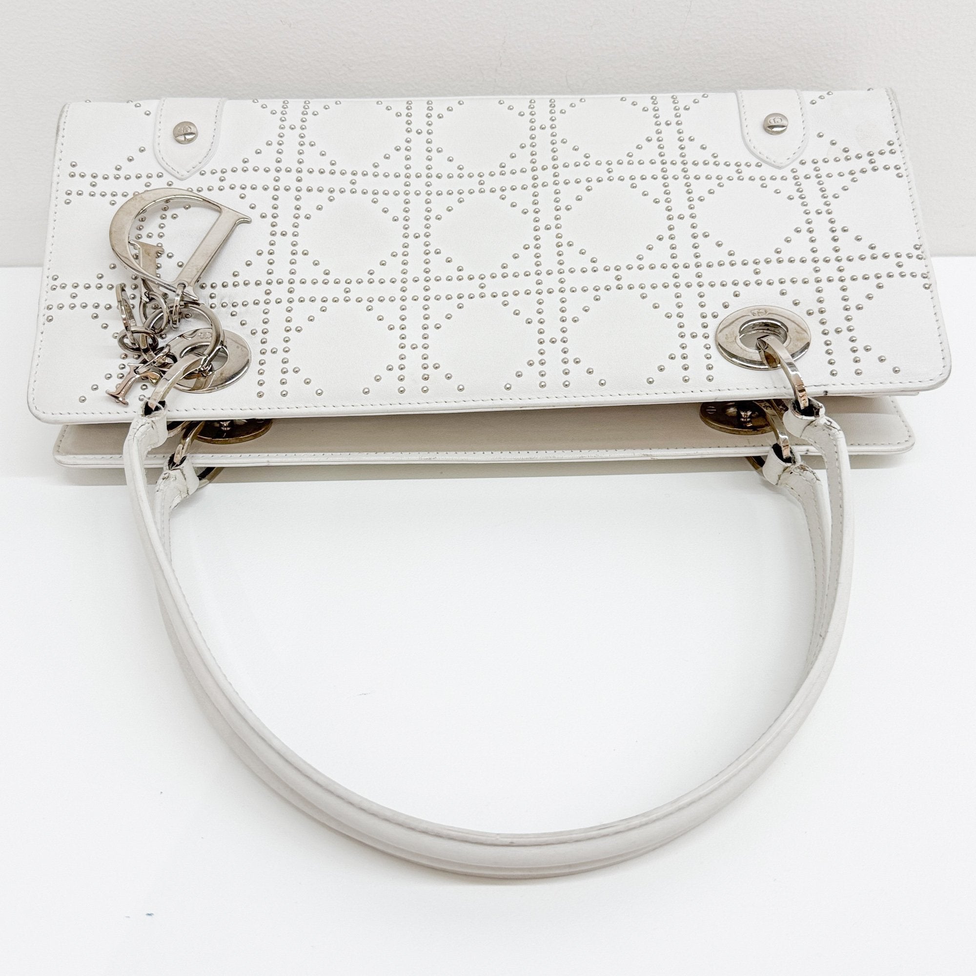 Limited Edition Lady Dior East West Studded White Leather Hand Bag