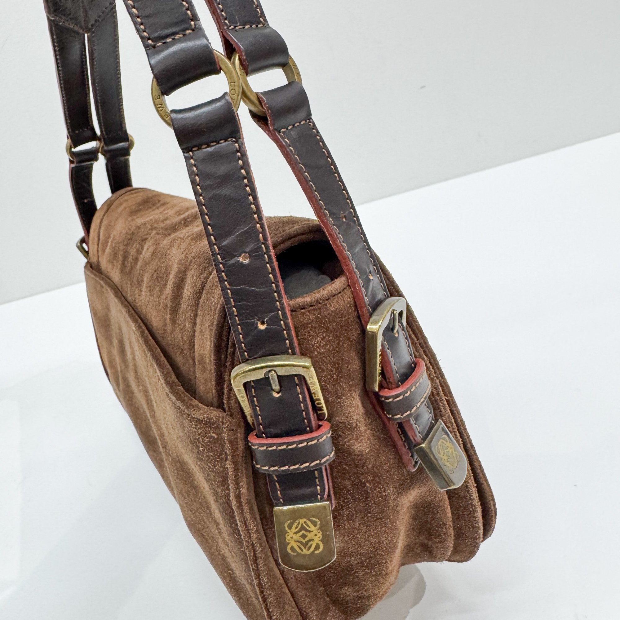 Anagram Brown Suede Shoulder Bag