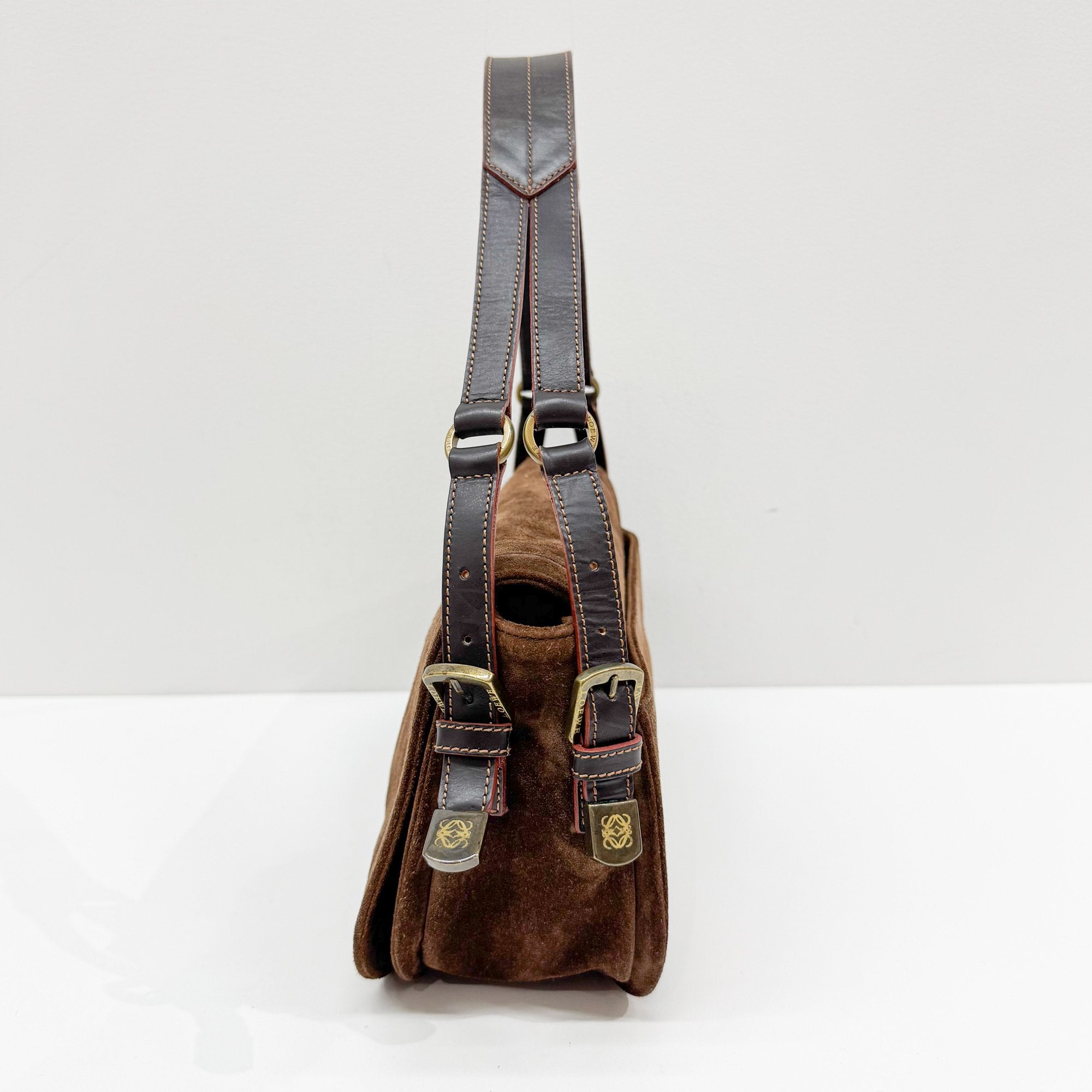 Anagram Brown Suede Shoulder Bag