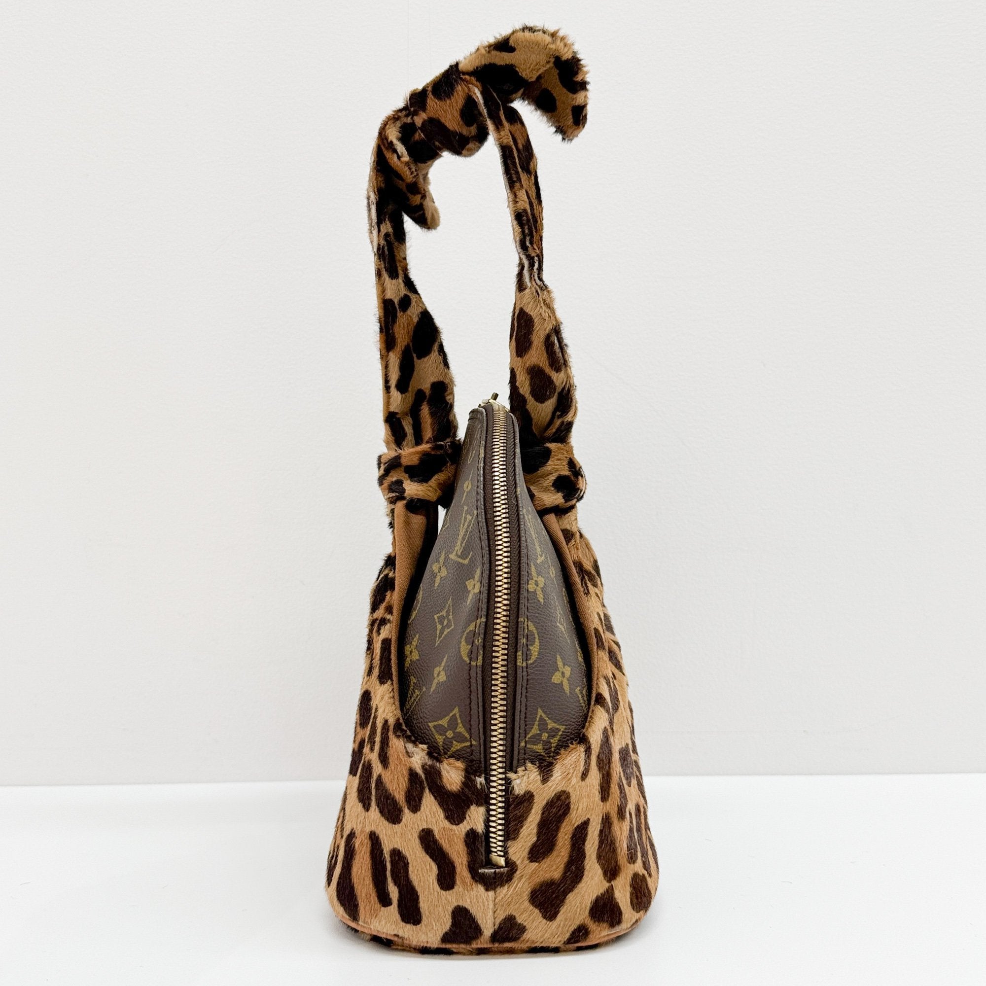 Alma Brown Leopard Print Pony Hair & Monogram Canvas Hand Bag