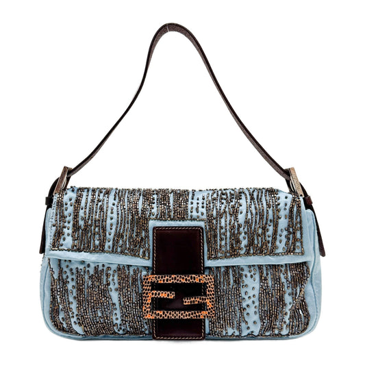 Baguette Beaded Blue Satin Shoulder Bag