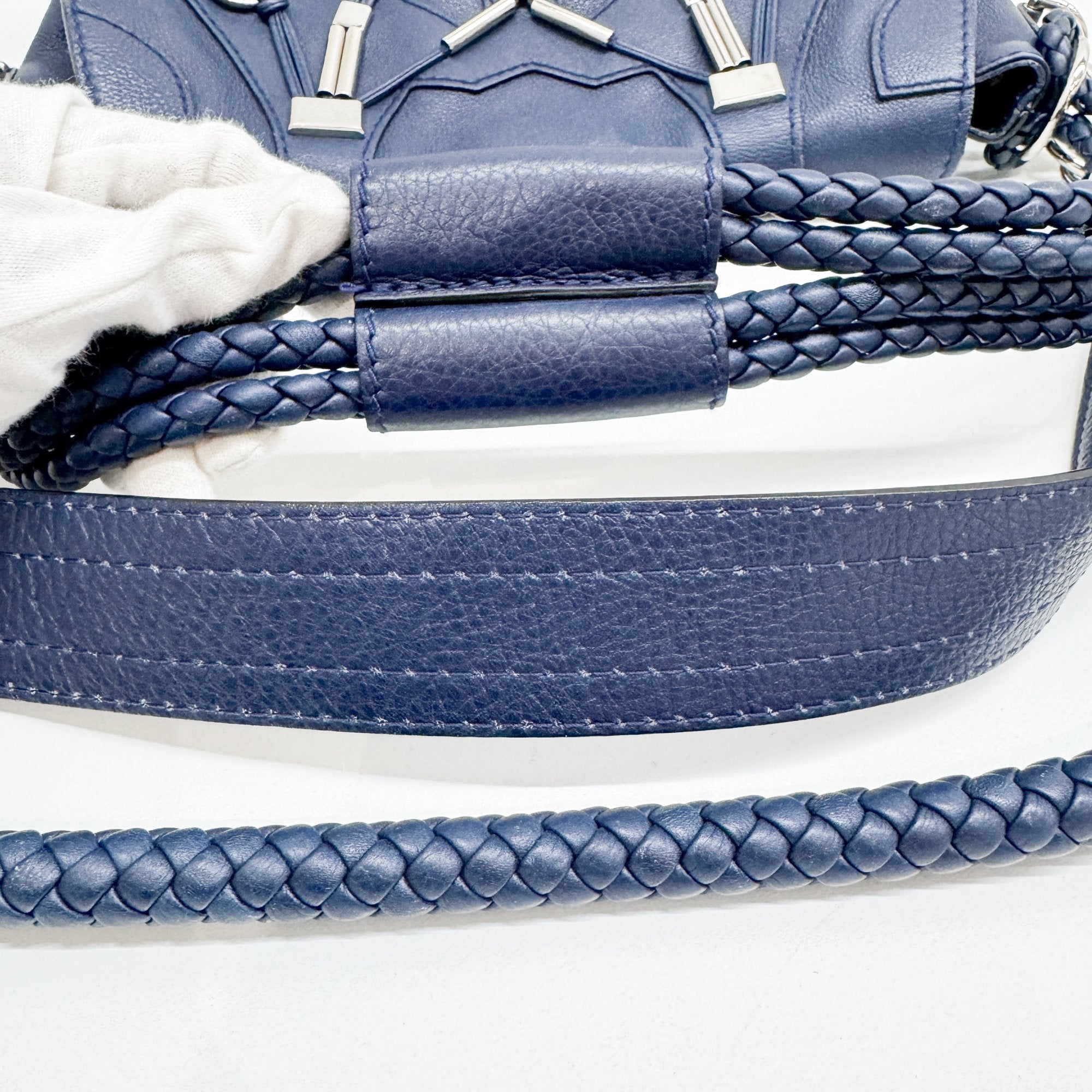 Techno Horsebit Embellished Navy Leather Messenger Bag