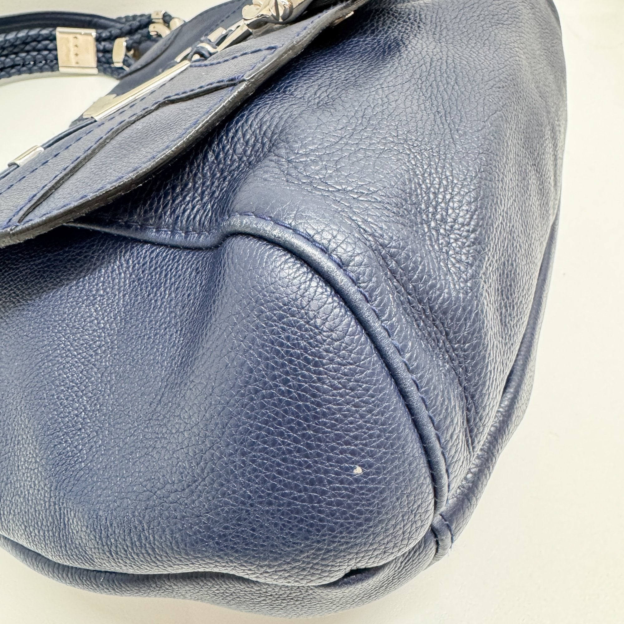 Techno Horsebit Embellished Navy Leather Messenger Bag