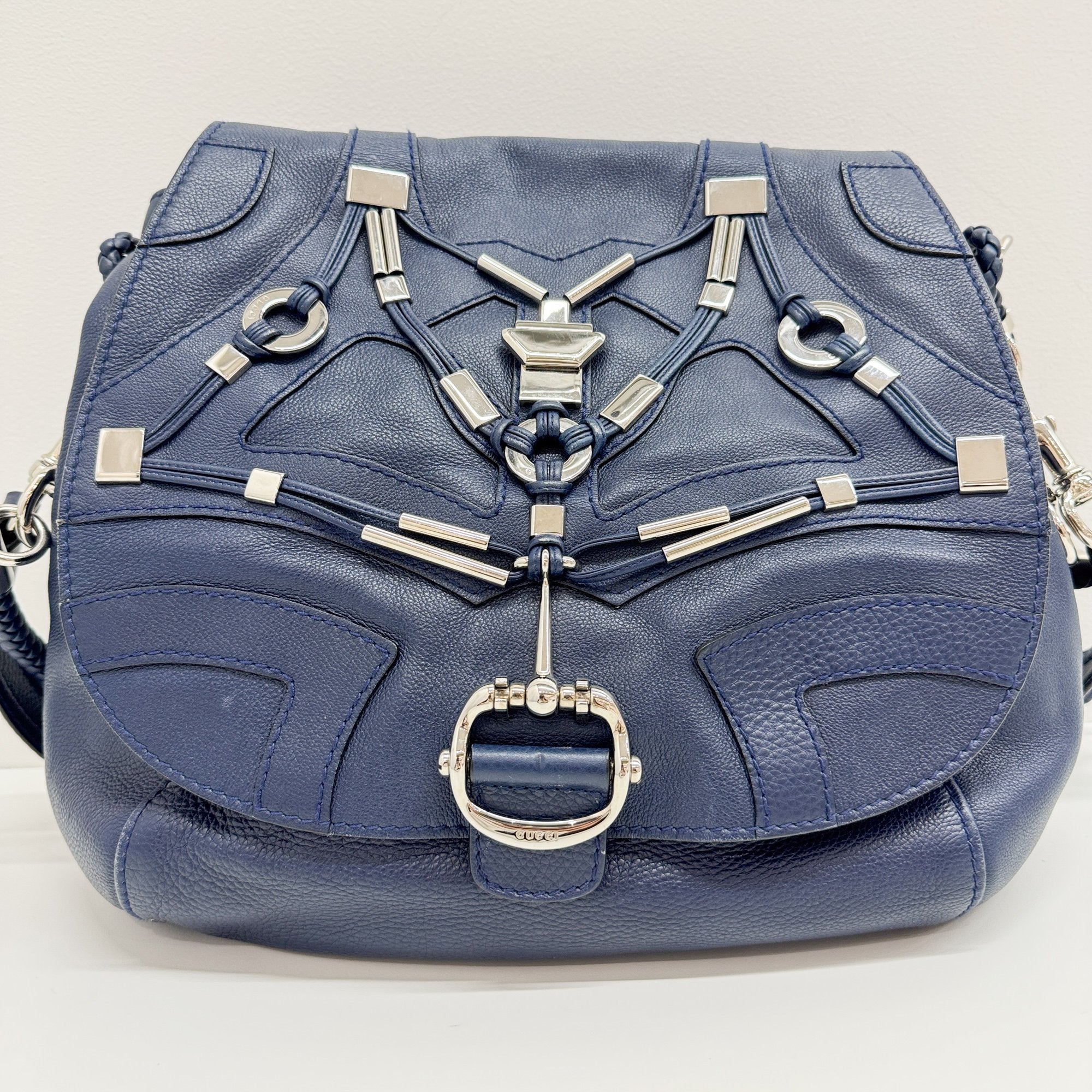 Techno Horsebit Embellished Navy Leather Messenger Bag