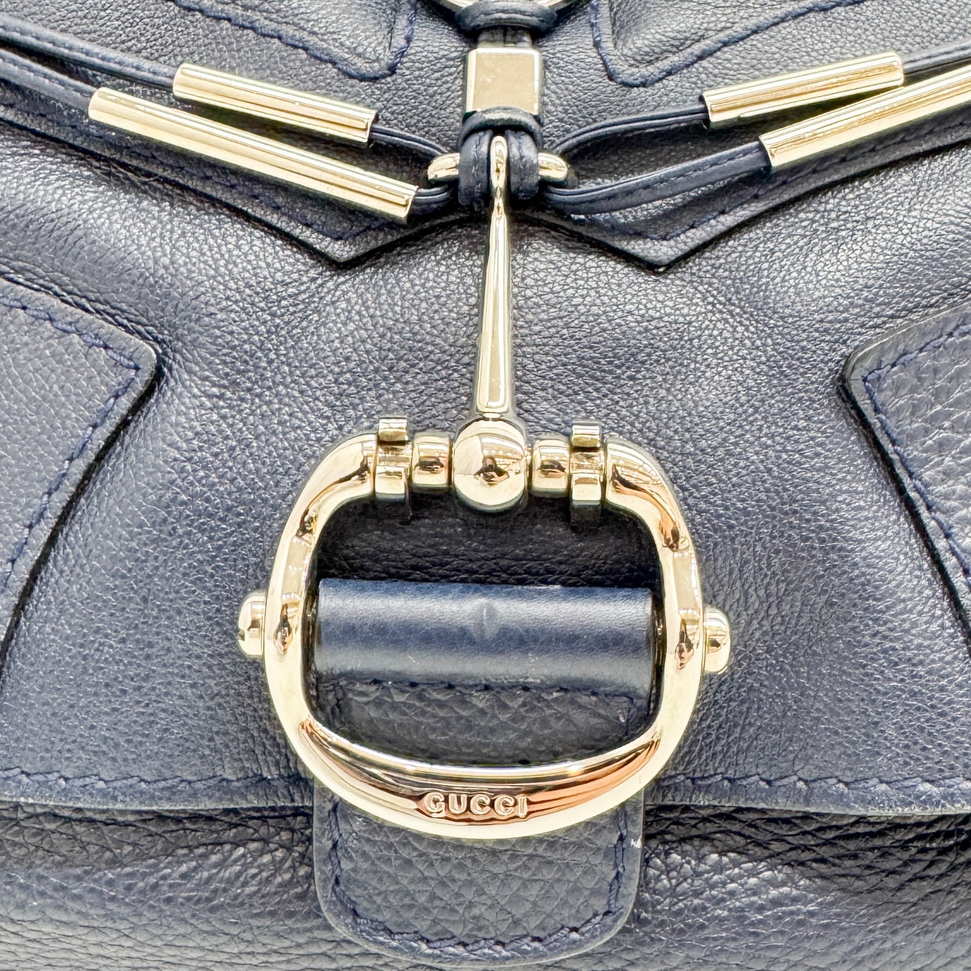 Techno Horsebit Embellished Navy Leather Messenger Bag