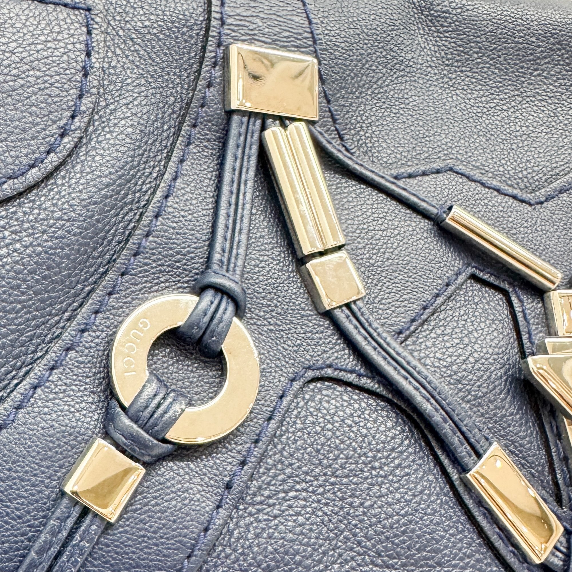 Techno Horsebit Embellished Navy Leather Messenger Bag