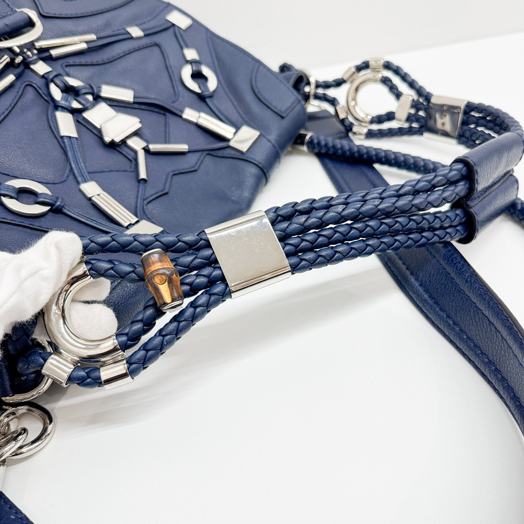 Techno Horsebit Embellished Navy Leather Messenger Bag