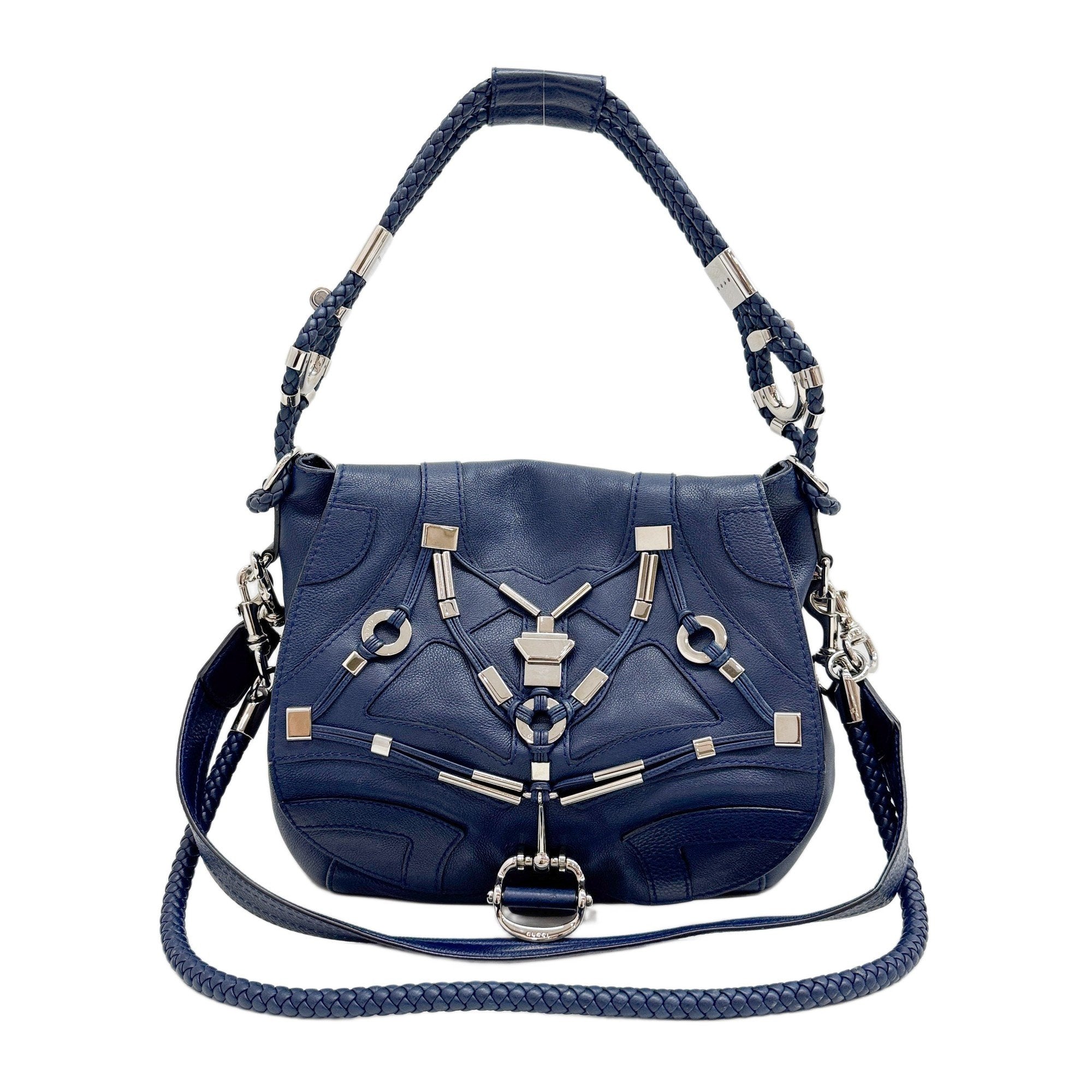 Techno Horsebit Embellished Navy Leather Messenger Bag