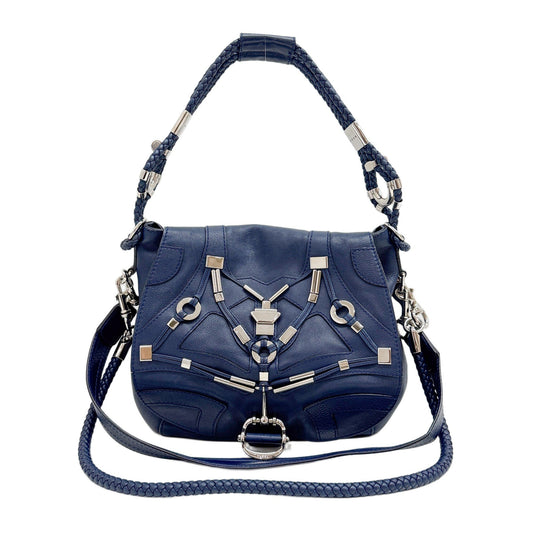 Techno Horsebit Embellished Navy Leather Messenger Bag
