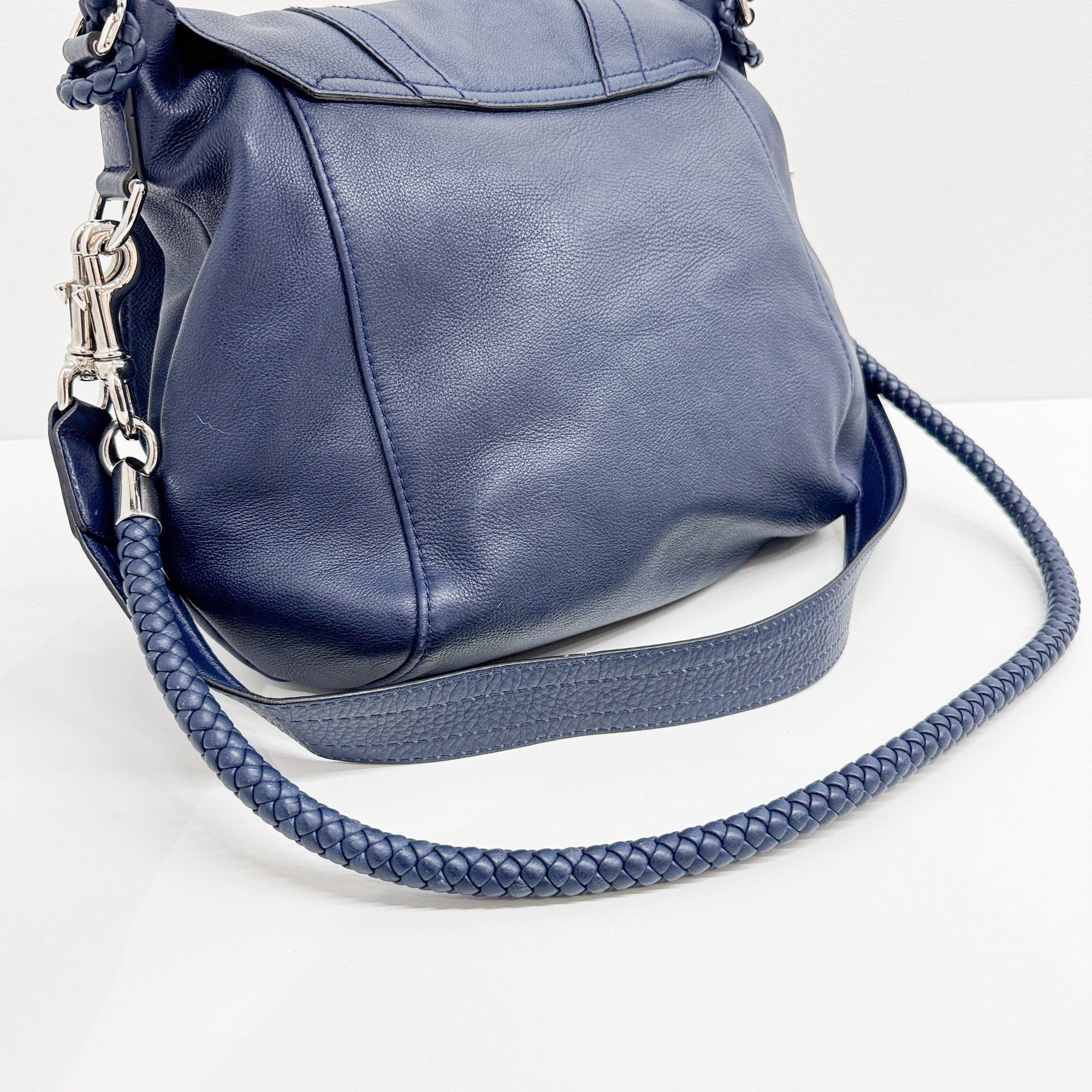 Techno Horsebit Embellished Navy Leather Messenger Bag