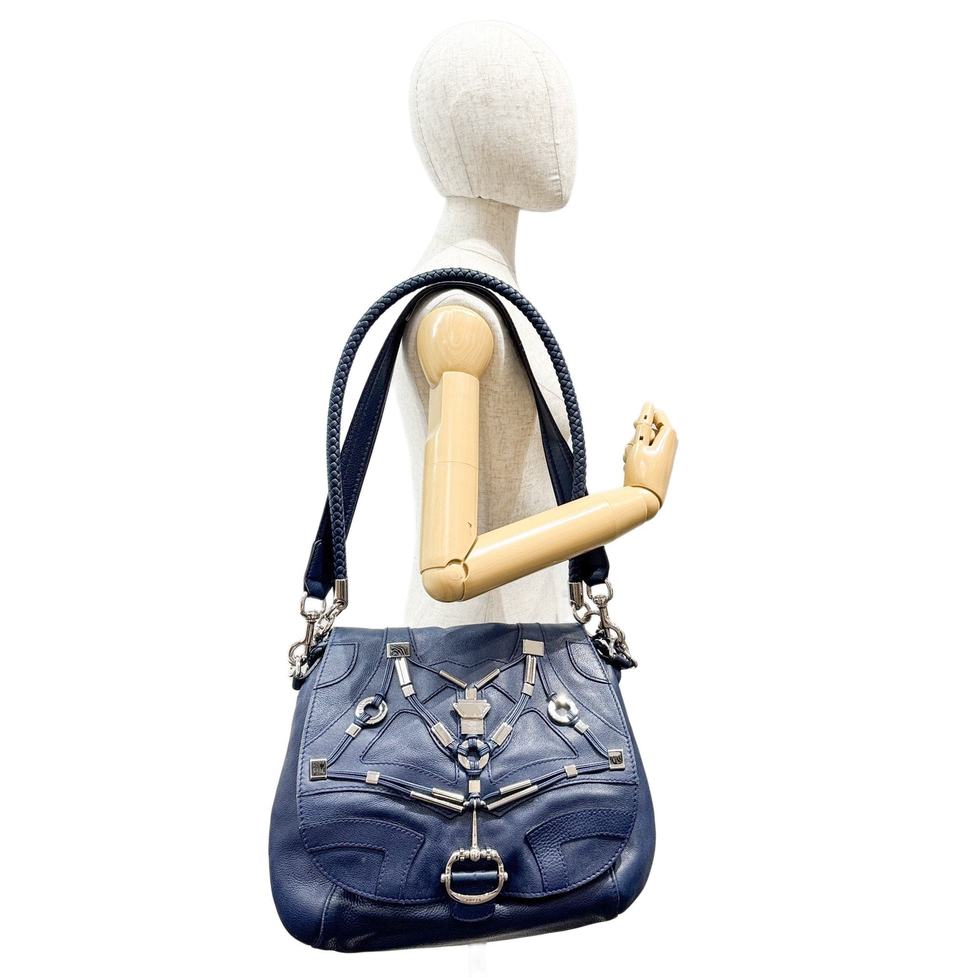 Techno Horsebit Embellished Navy Leather Messenger Bag