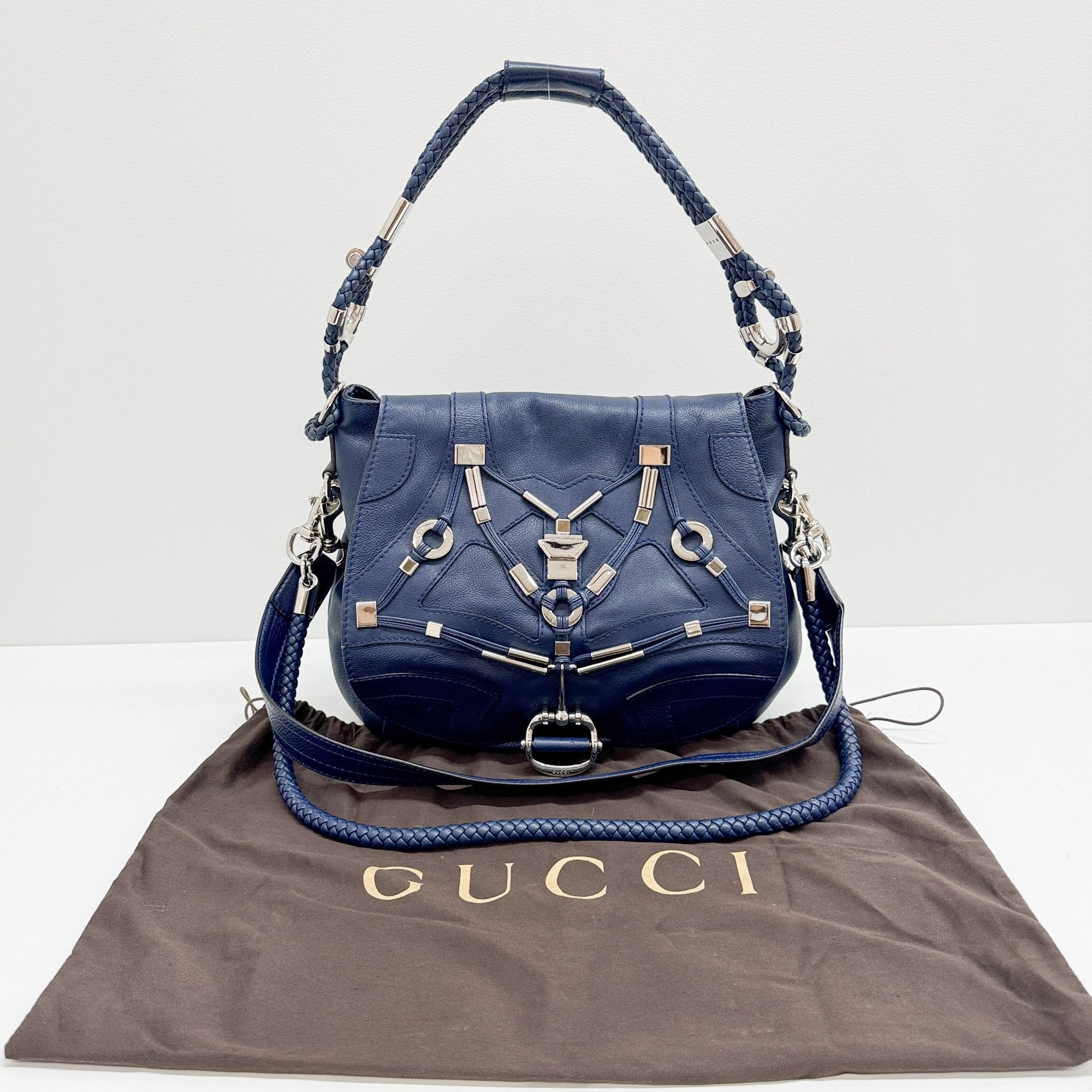 Techno Horsebit Embellished Navy Leather Messenger Bag