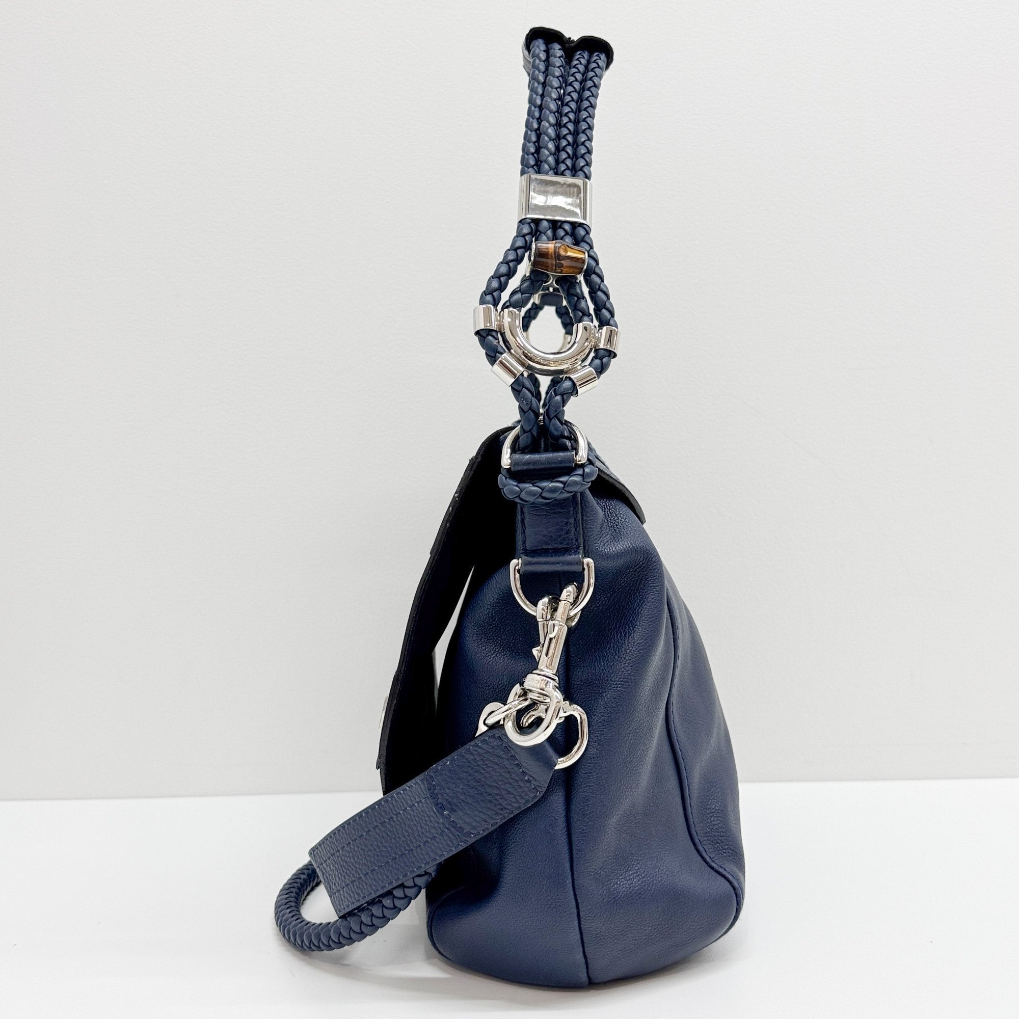 Techno Horsebit Embellished Navy Leather Messenger Bag