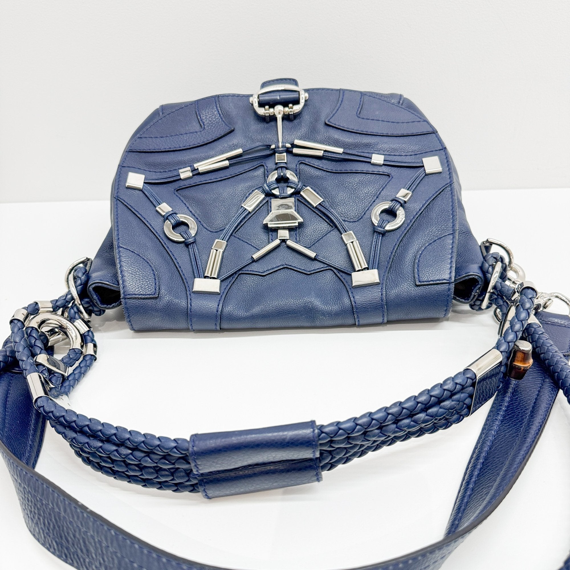 Techno Horsebit Embellished Navy Leather Messenger Bag