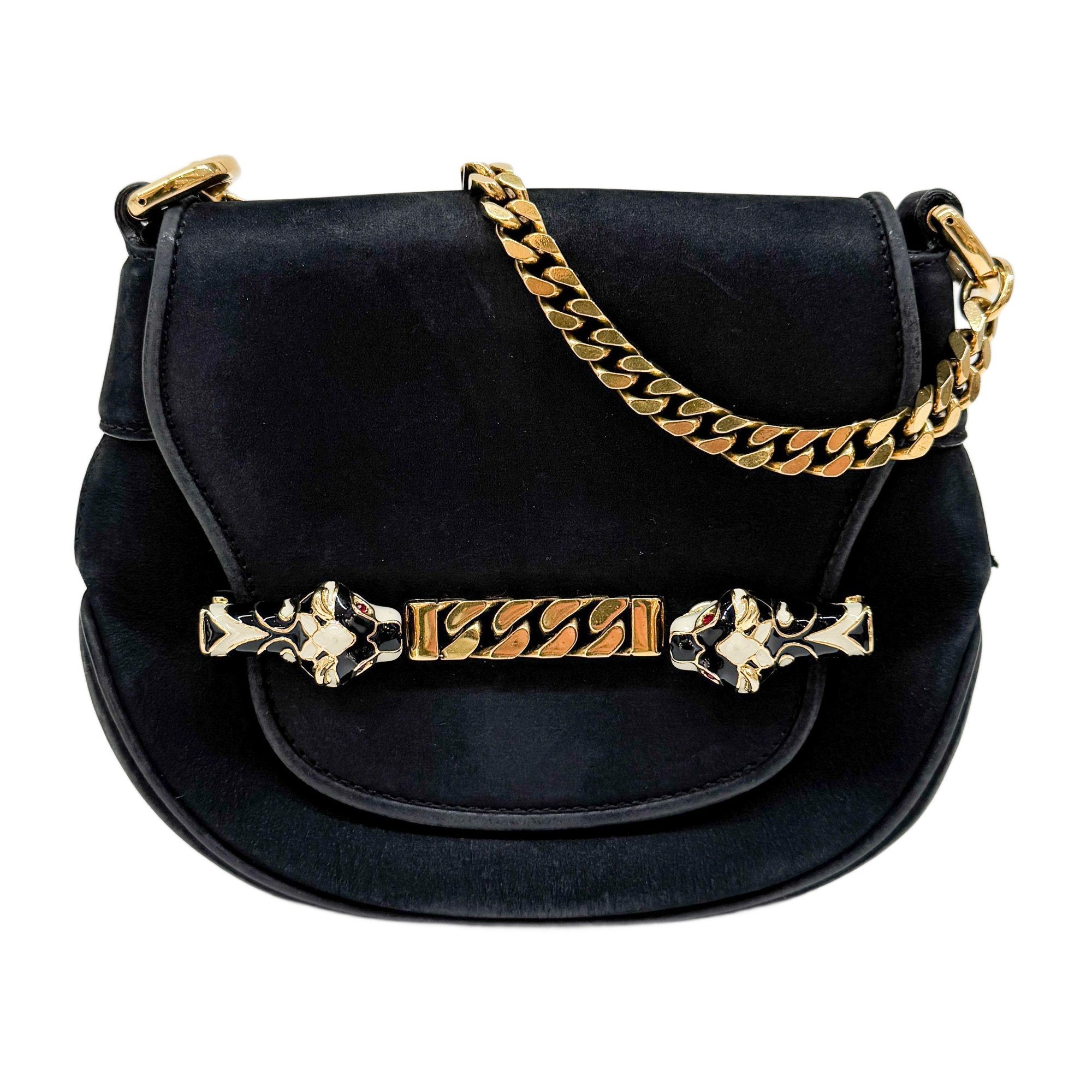 Tiger Head Clasp Black Nubuck Leather Shoulder Bag