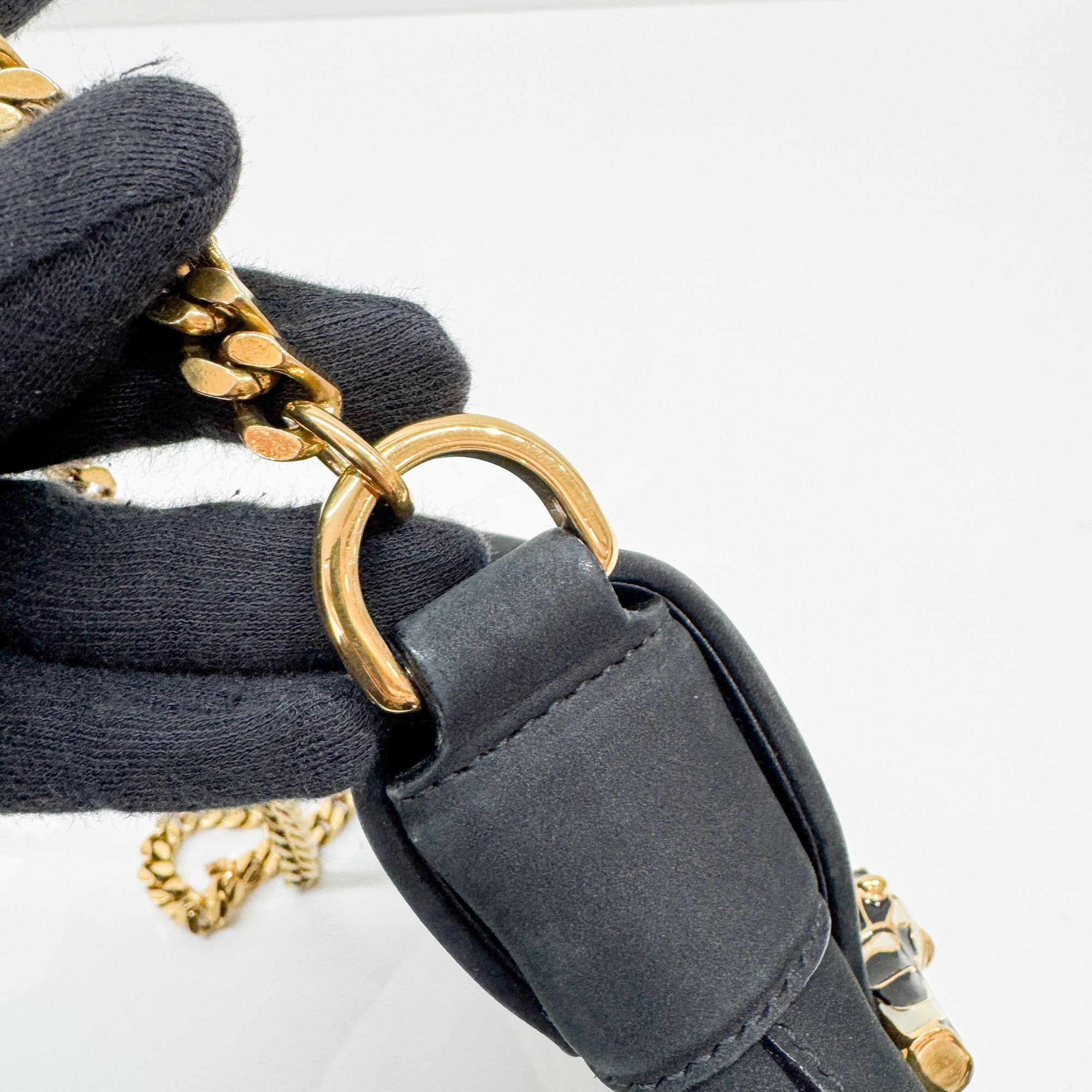 Tiger Head Clasp Black Nubuck Leather Shoulder Bag