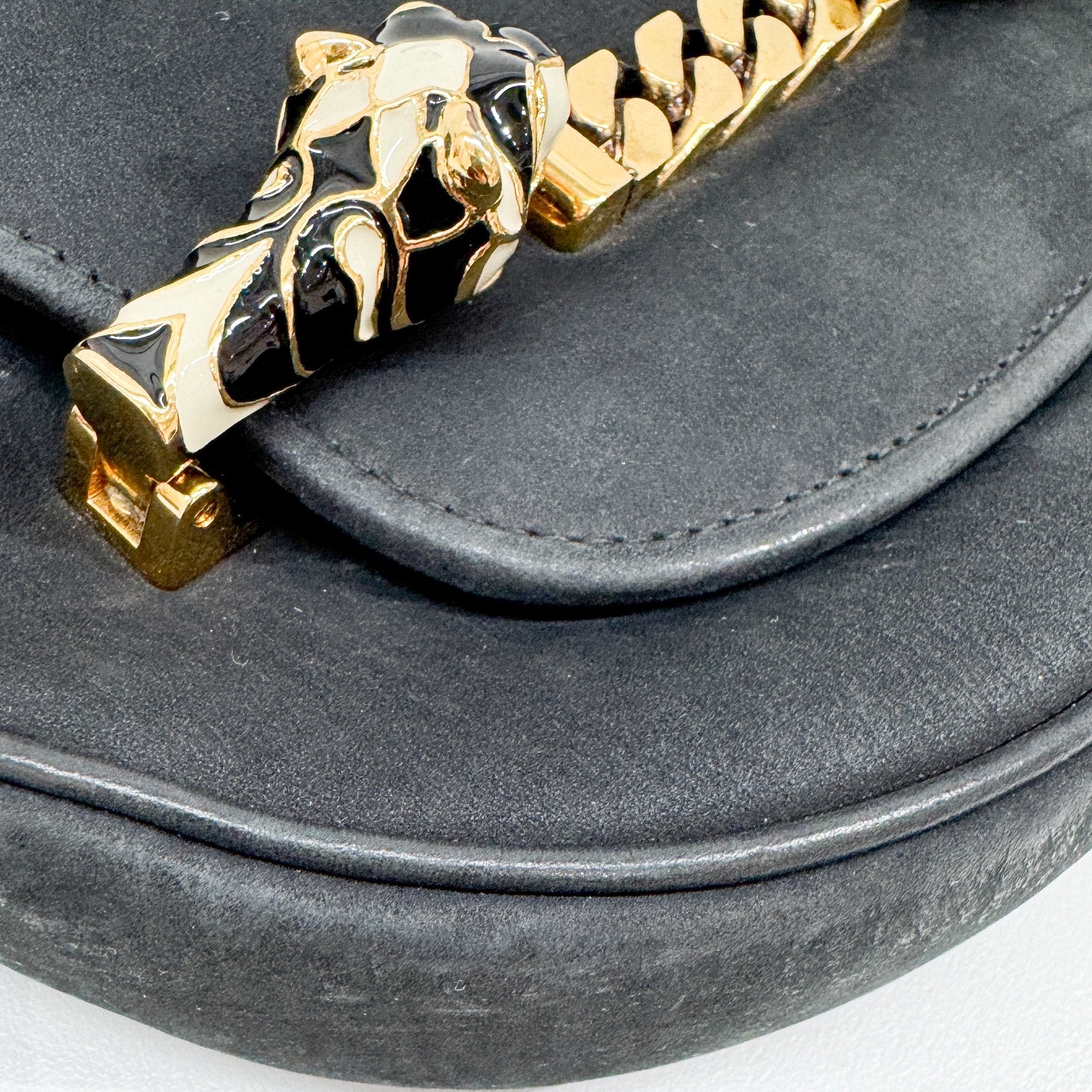 Tiger Head Clasp Black Nubuck Leather Shoulder Bag