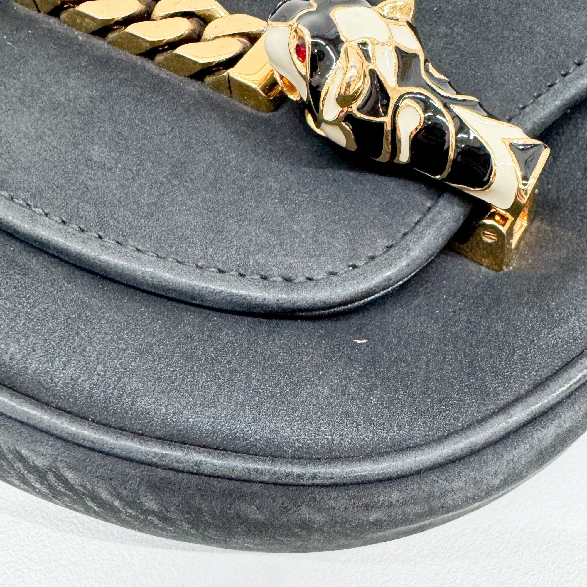 Tiger Head Clasp Black Nubuck Leather Shoulder Bag