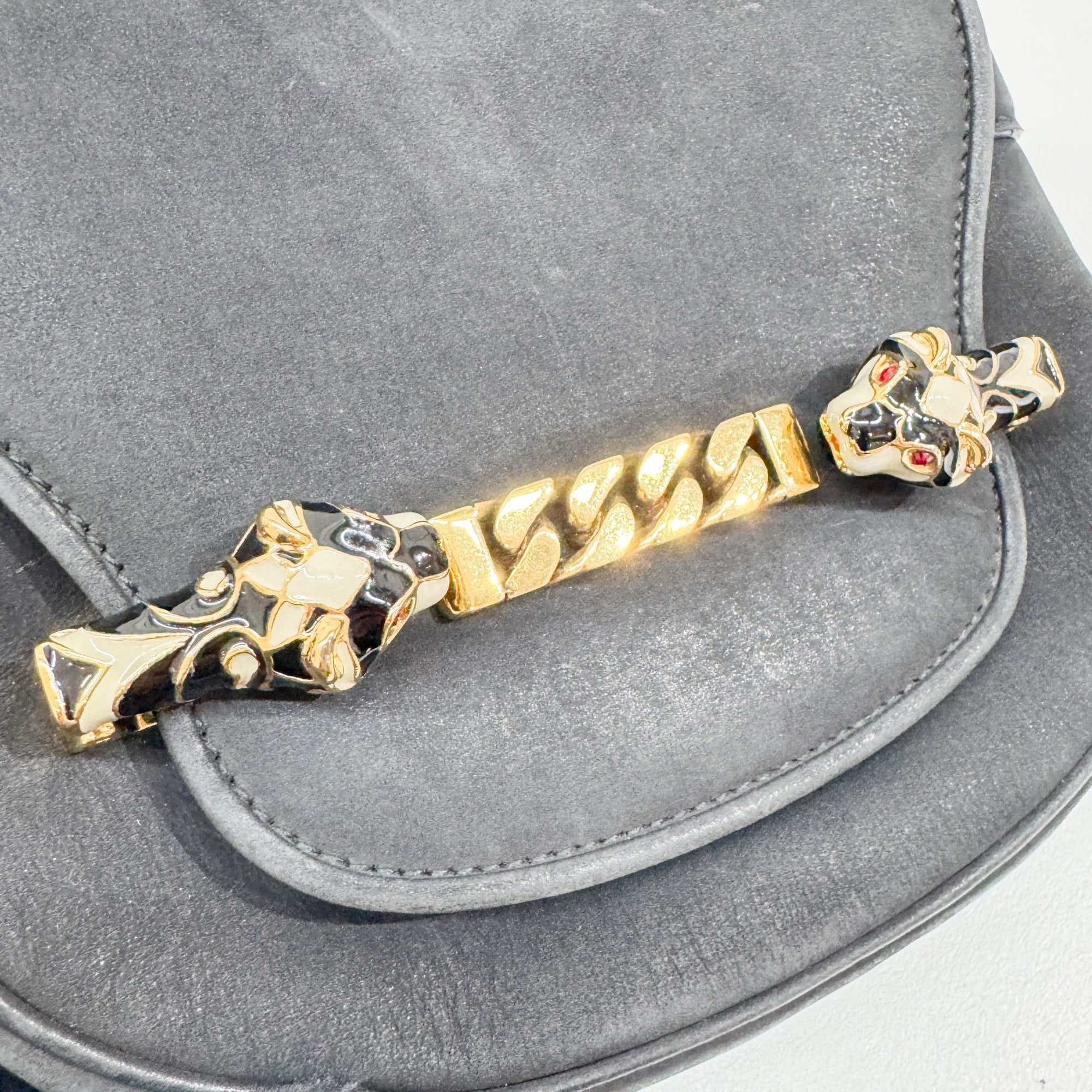 Tiger Head Clasp Black Nubuck Leather Shoulder Bag