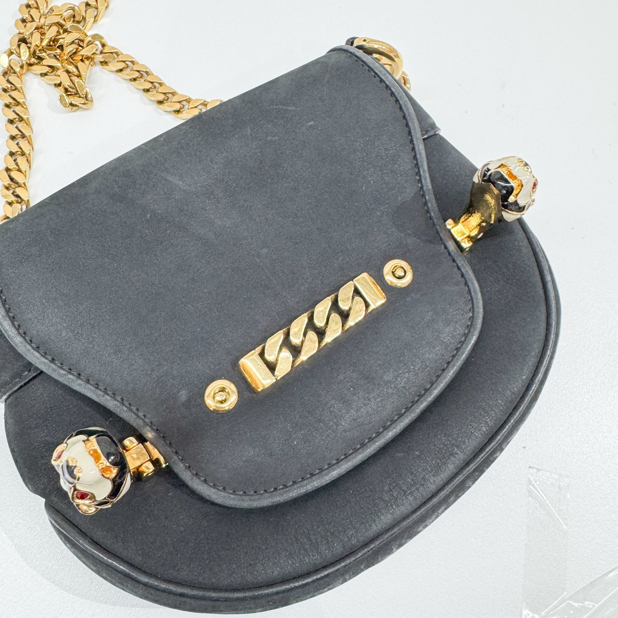 Tiger Head Clasp Black Nubuck Leather Shoulder Bag