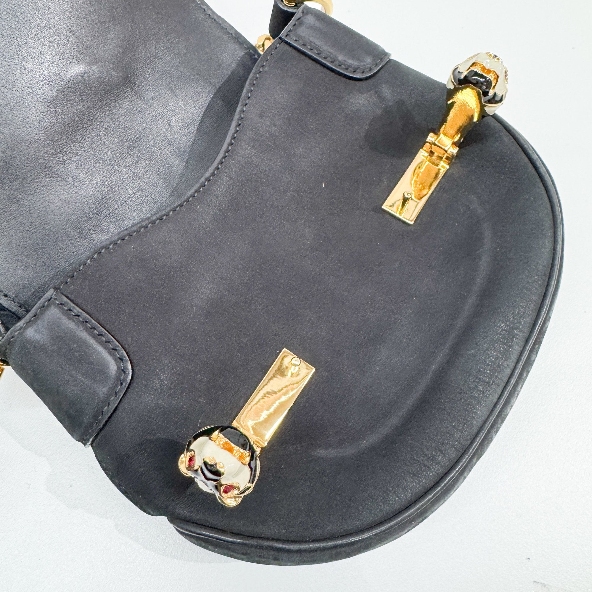 Tiger Head Clasp Black Nubuck Leather Shoulder Bag