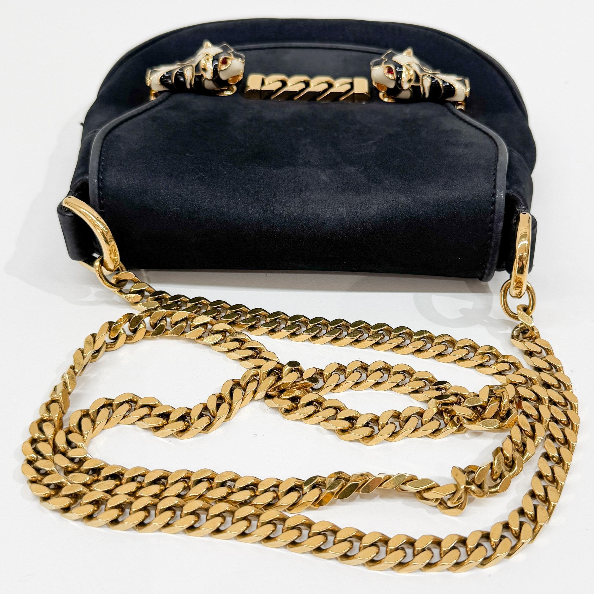 Tiger Head Clasp Black Nubuck Leather Shoulder Bag