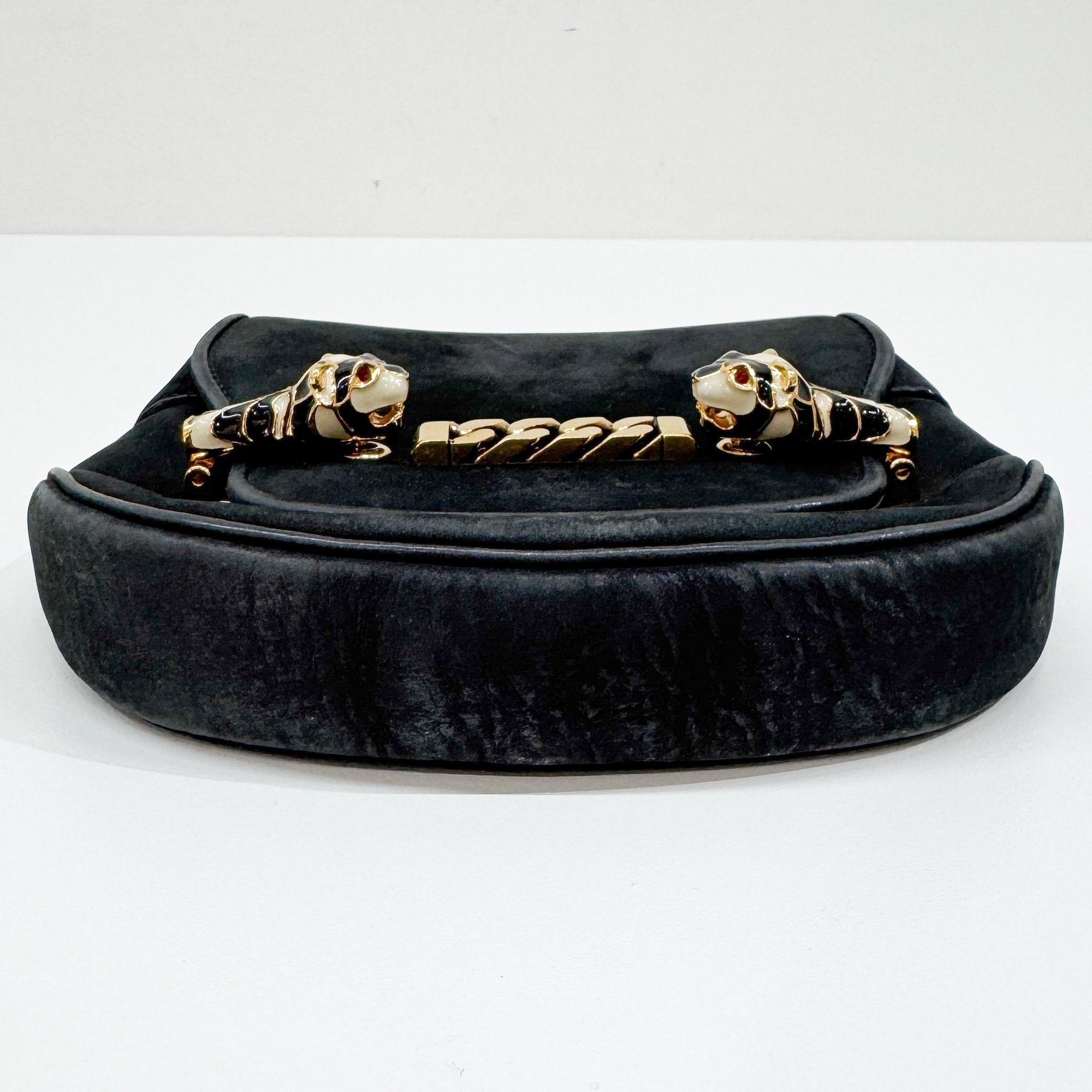 Tiger Head Clasp Black Nubuck Leather Shoulder Bag