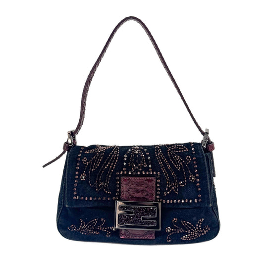 Mini Mamma Baguette Beaded Black Suede Shoulder Bag