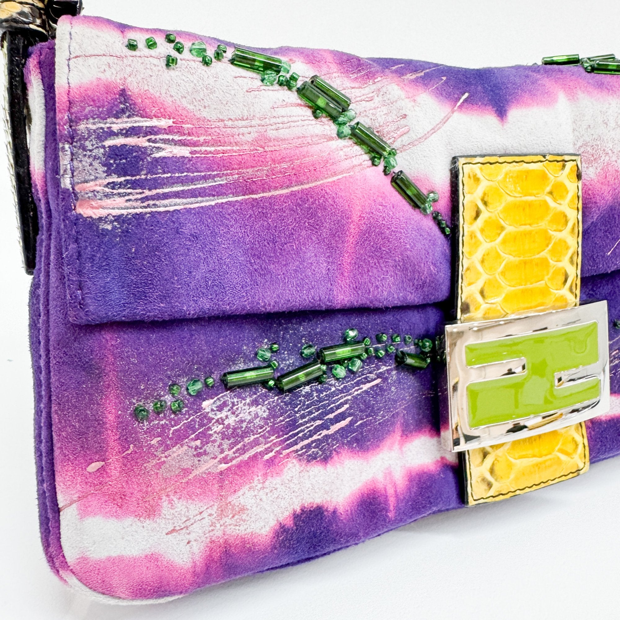 Baguette Embroidery Purple Suede Shoulder Bag