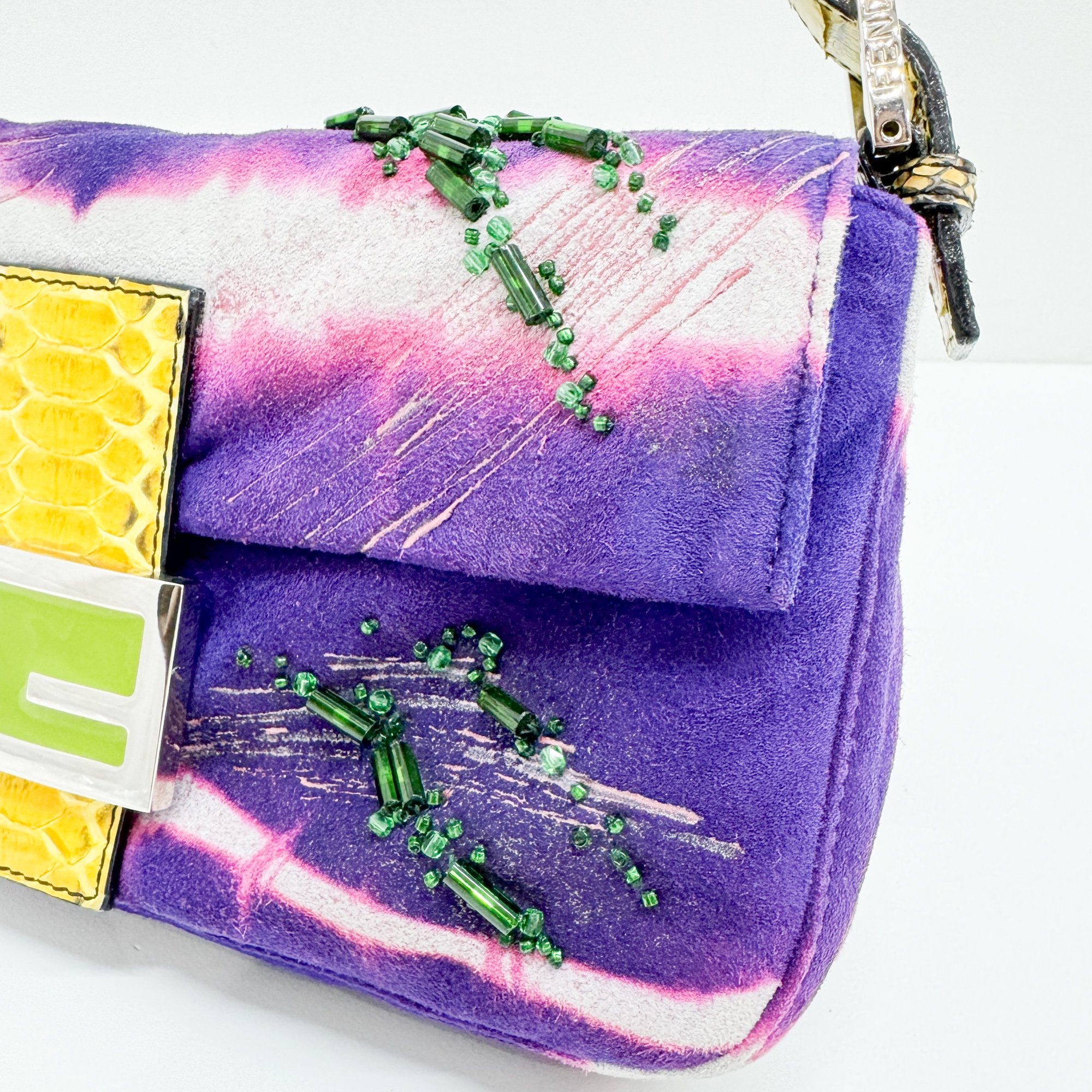 Baguette Embroidery Purple Suede Shoulder Bag