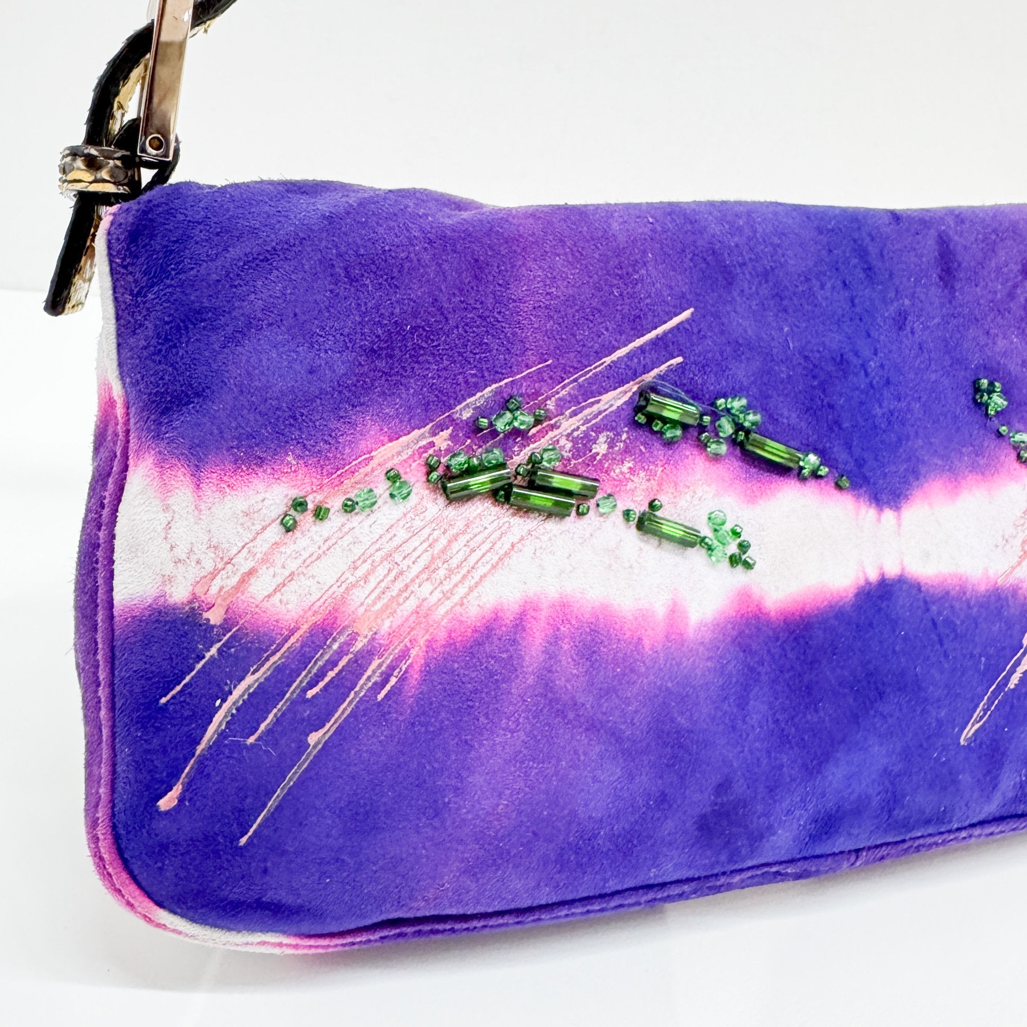 Baguette Embroidery Purple Suede Shoulder Bag