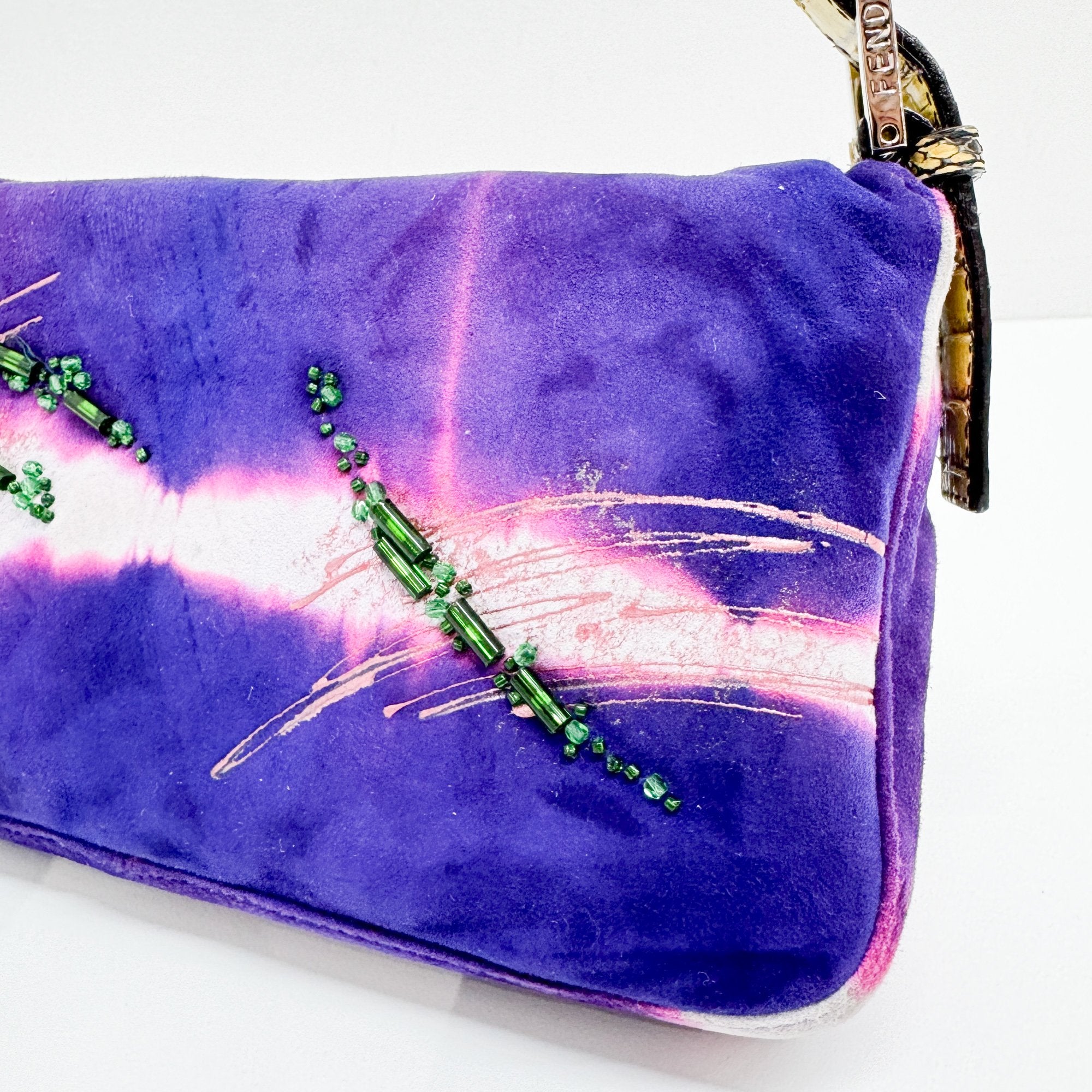 Baguette Embroidery Purple Suede Shoulder Bag