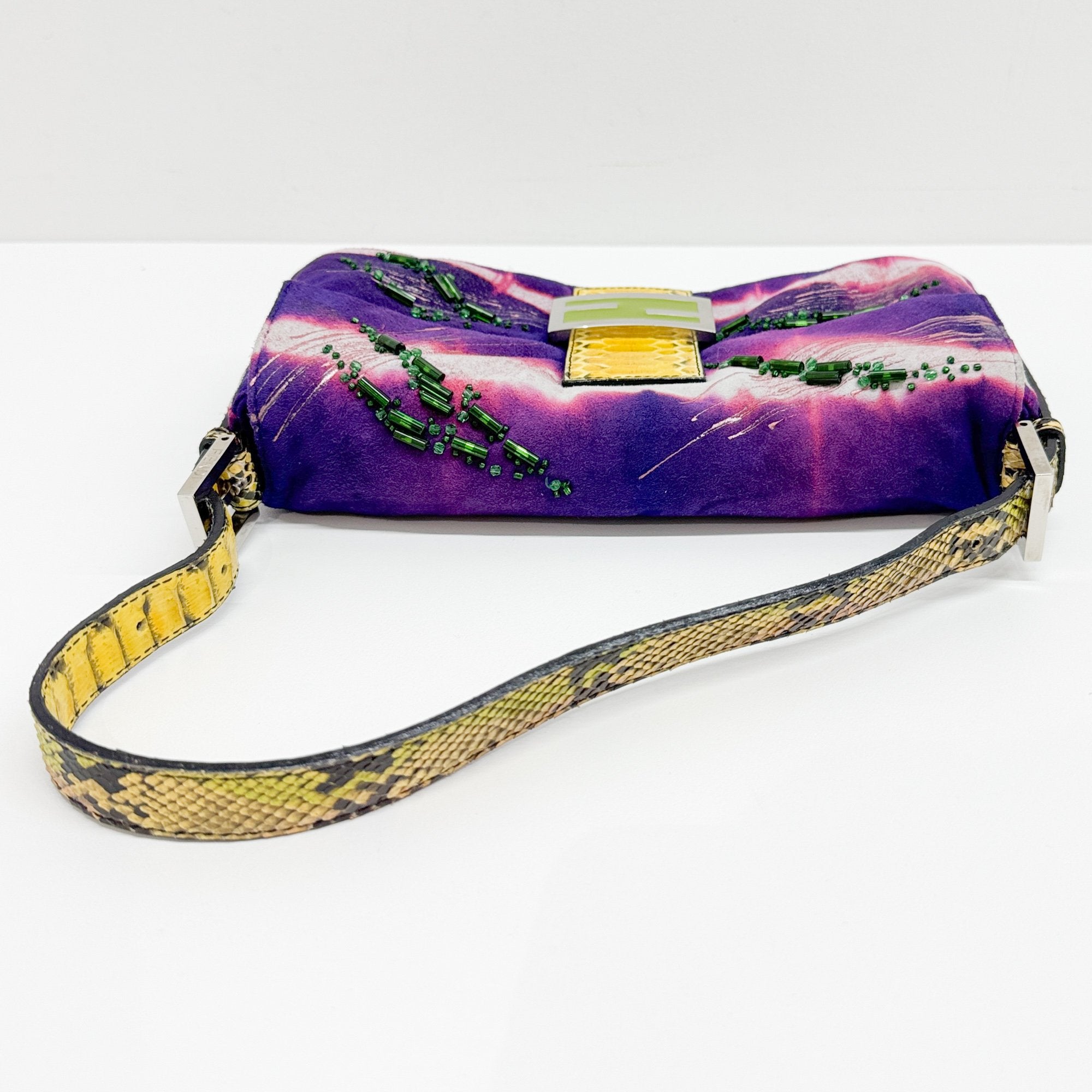 Baguette Embroidery Purple Suede Shoulder Bag