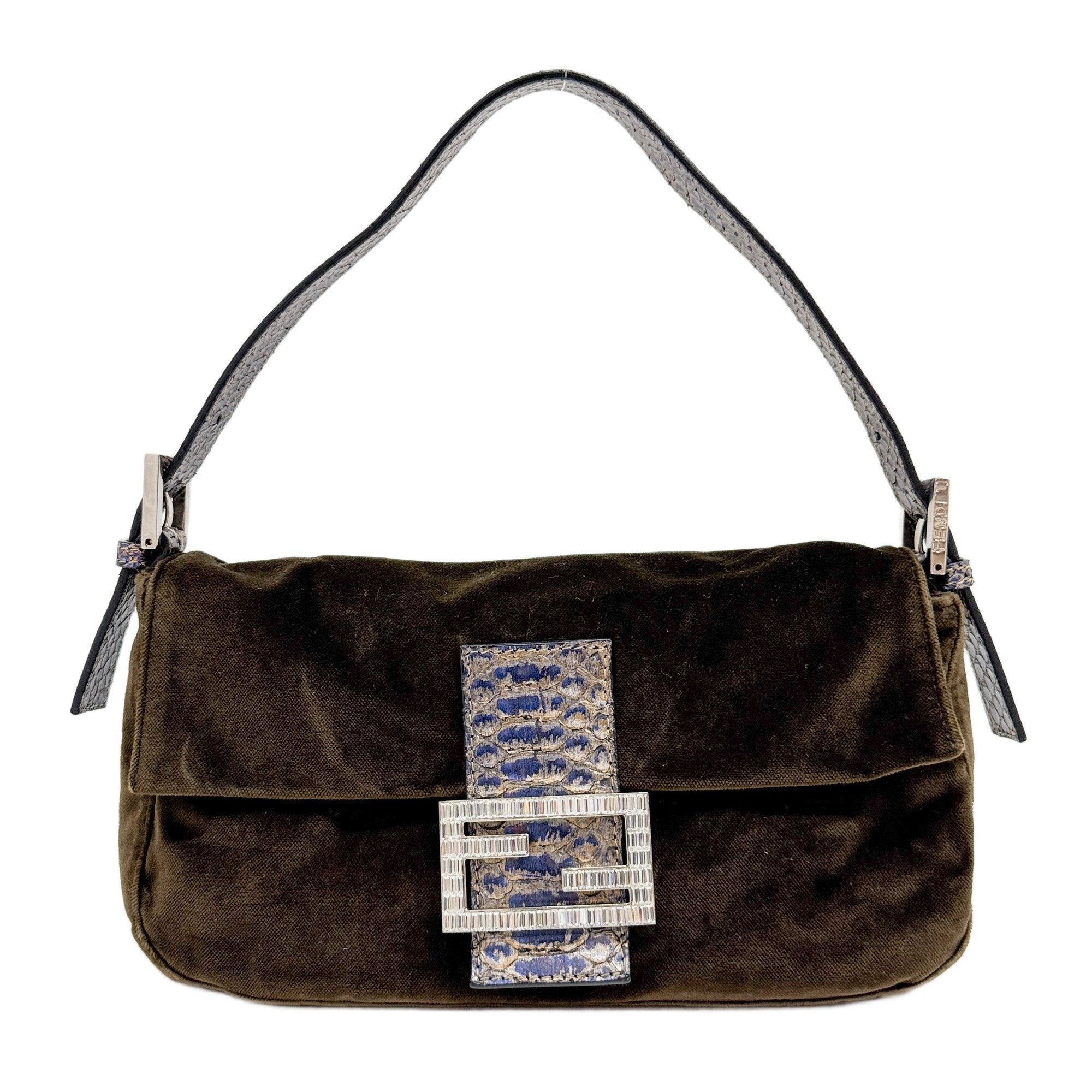 Baguette Olive Green Velvet Shoulder Bag