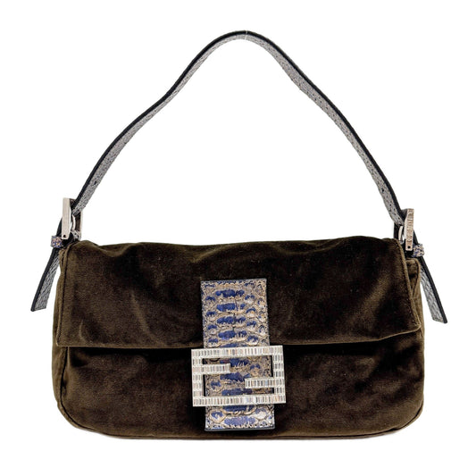 Baguette Olive Green Velvet Shoulder Bag