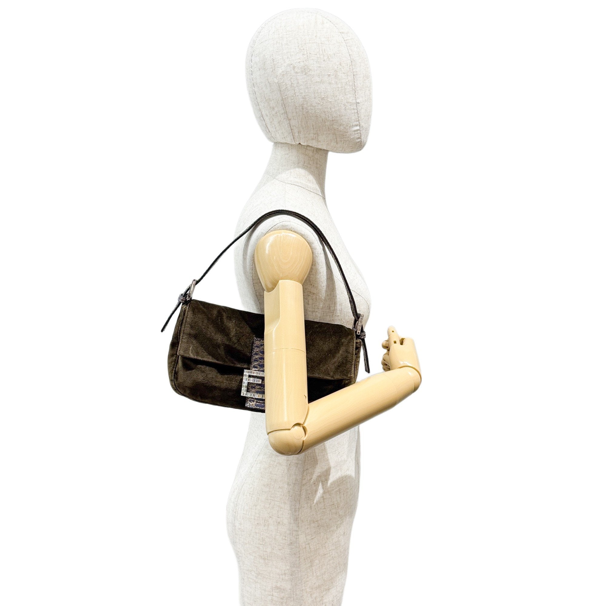 Baguette Olive Green Velvet Shoulder Bag