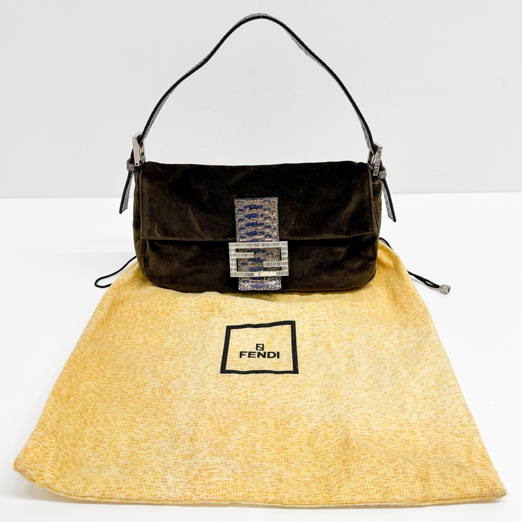 Baguette Olive Green Velvet Shoulder Bag