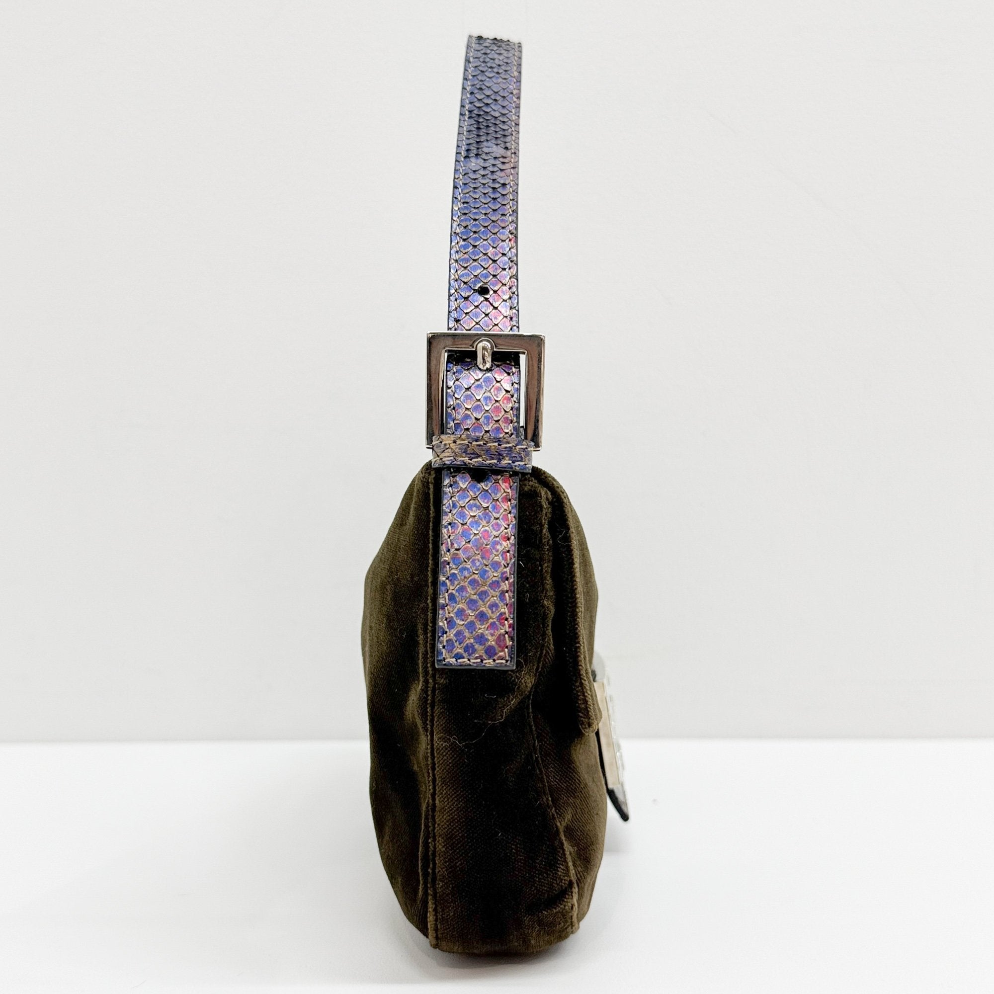 Baguette Olive Green Velvet Shoulder Bag