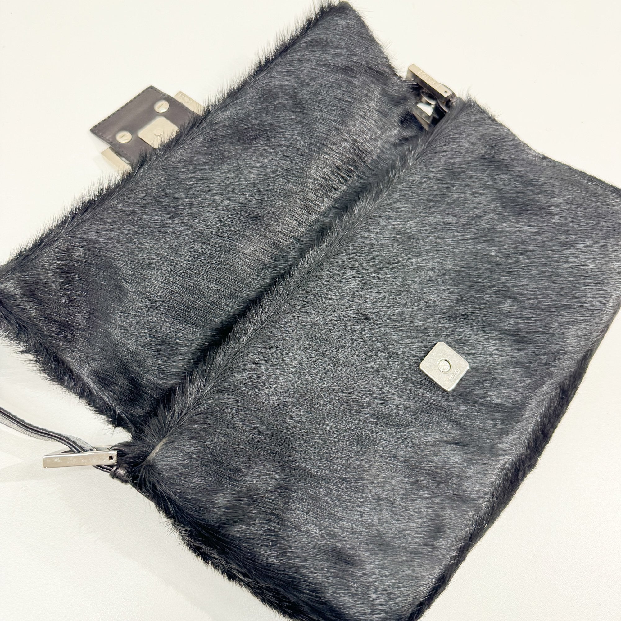 Baguette Black Silk-Pressed Pony Hair Shoulder Bag