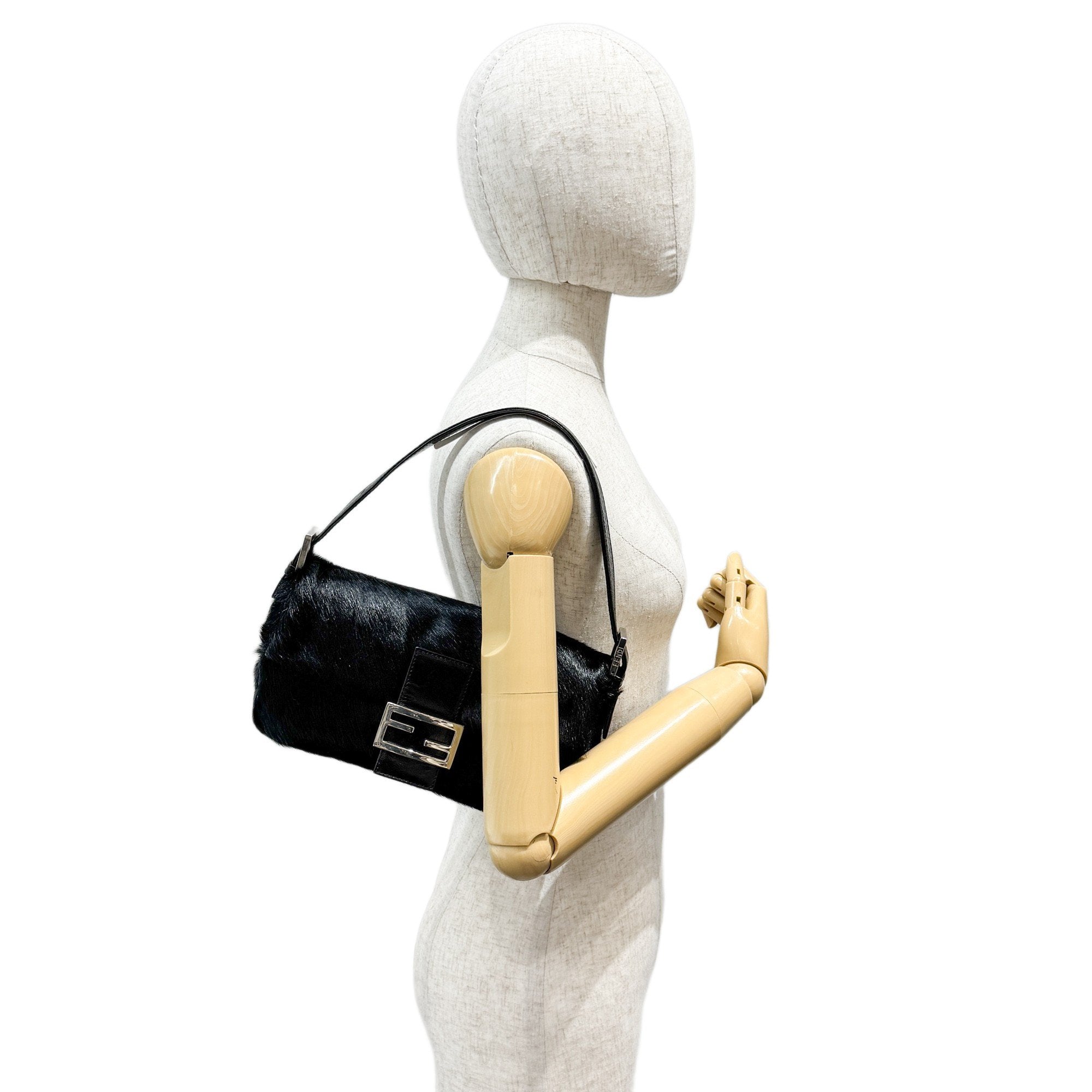 Baguette Black Silk-Pressed Pony Hair Shoulder Bag