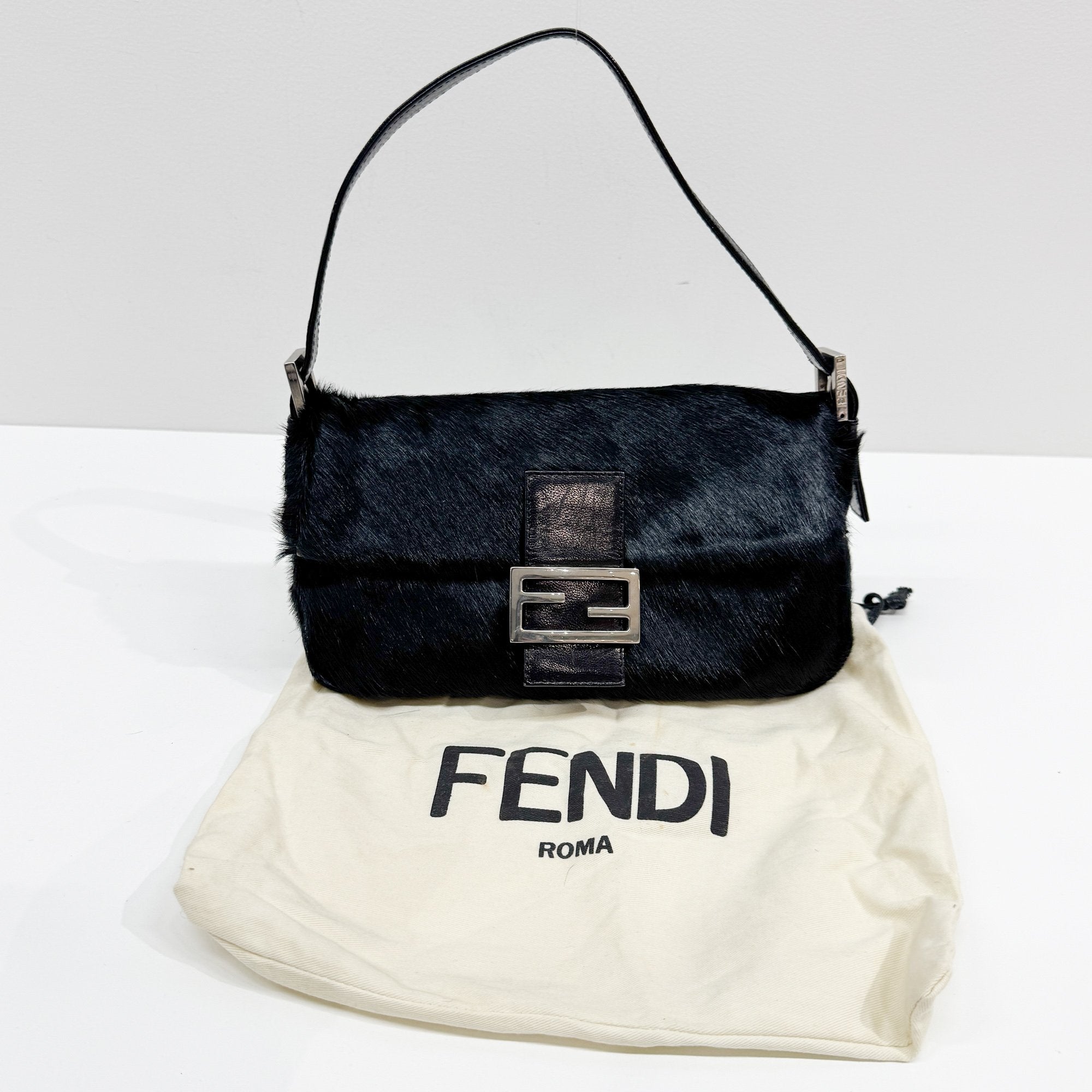 Baguette Black Silk-Pressed Pony Hair Shoulder Bag