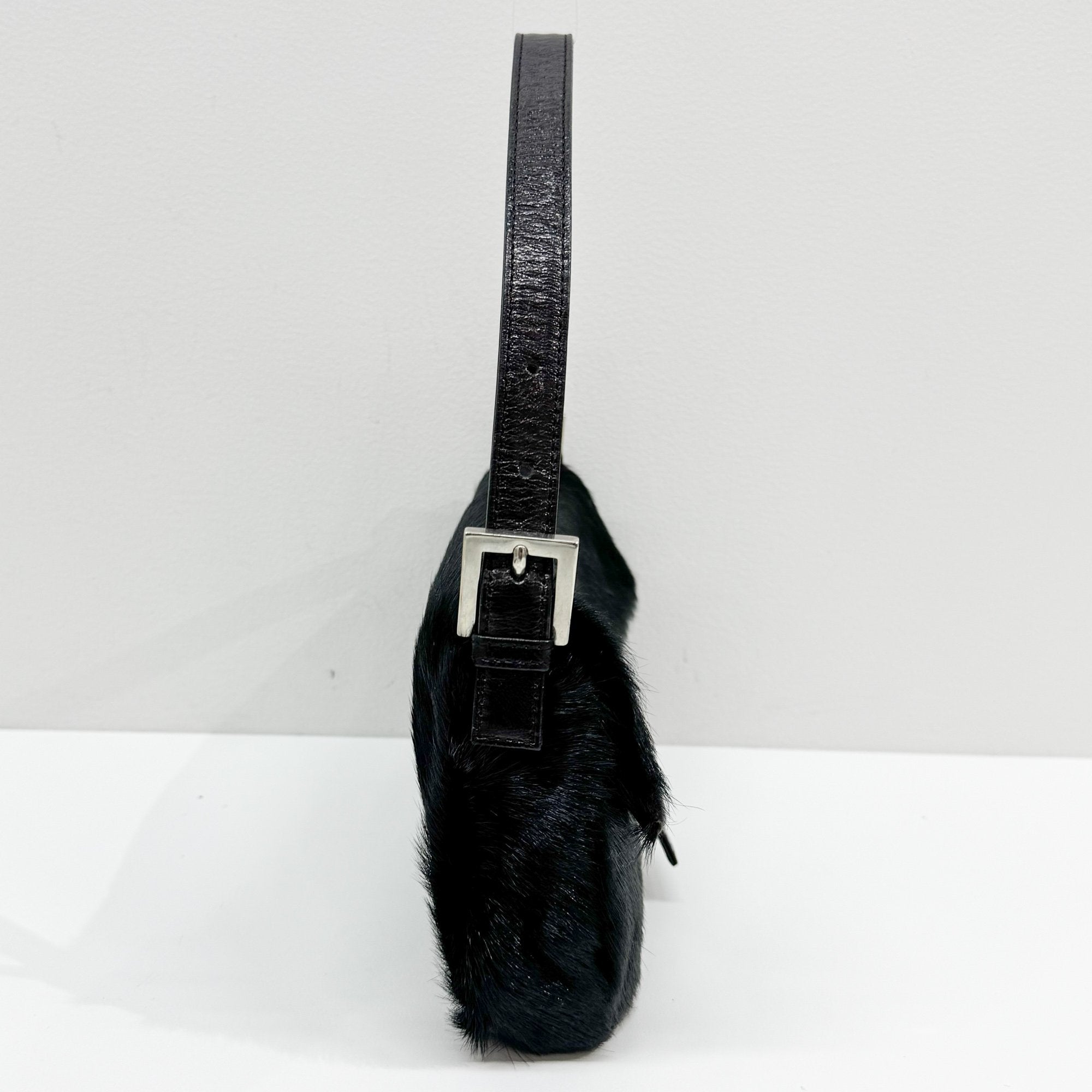 Baguette Black Silk-Pressed Pony Hair Shoulder Bag